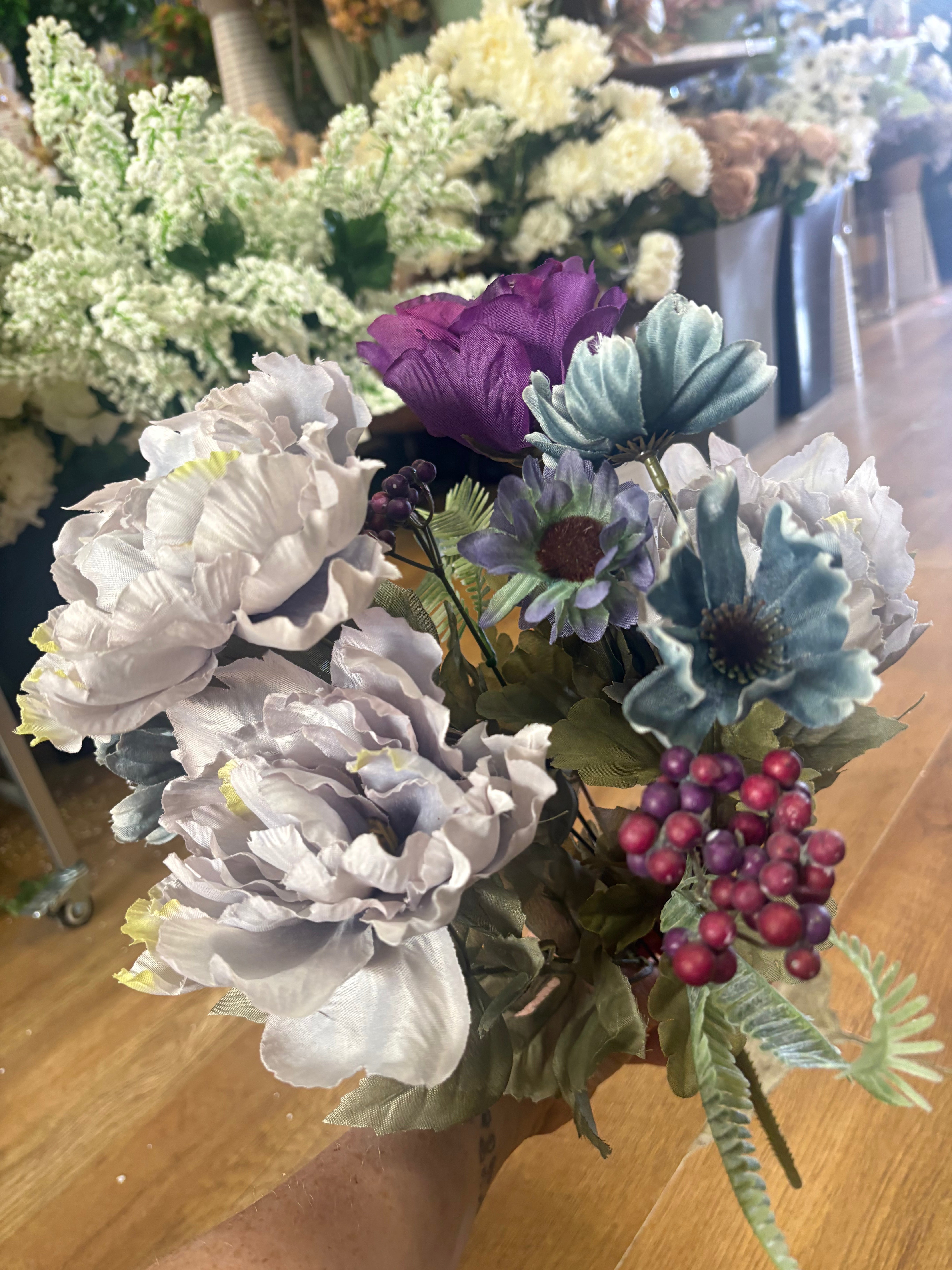 Large peony,rose and gerbera bouquet - grey, blue and purple