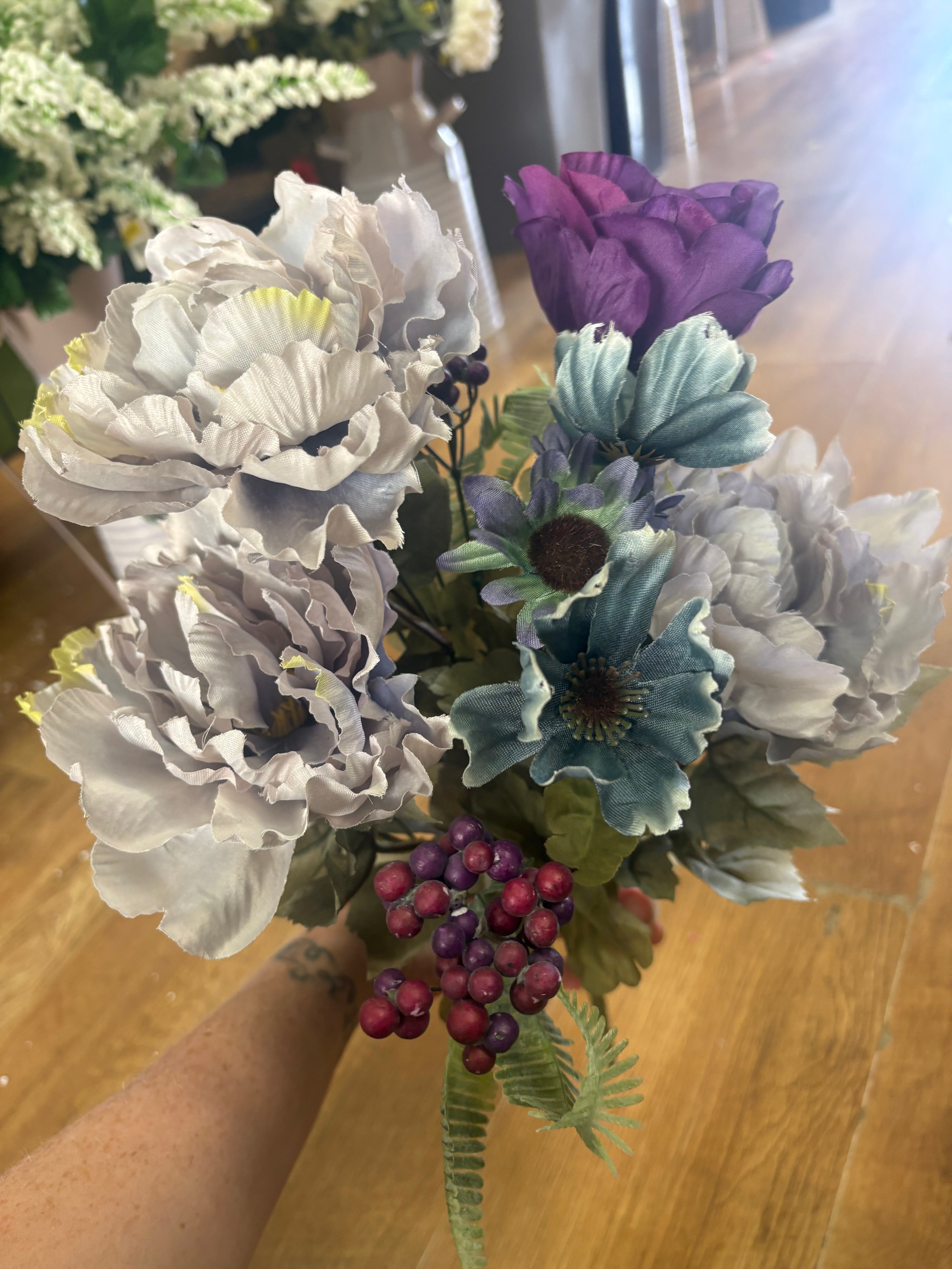 Large peony,rose and gerbera bouquet - grey, blue and purple