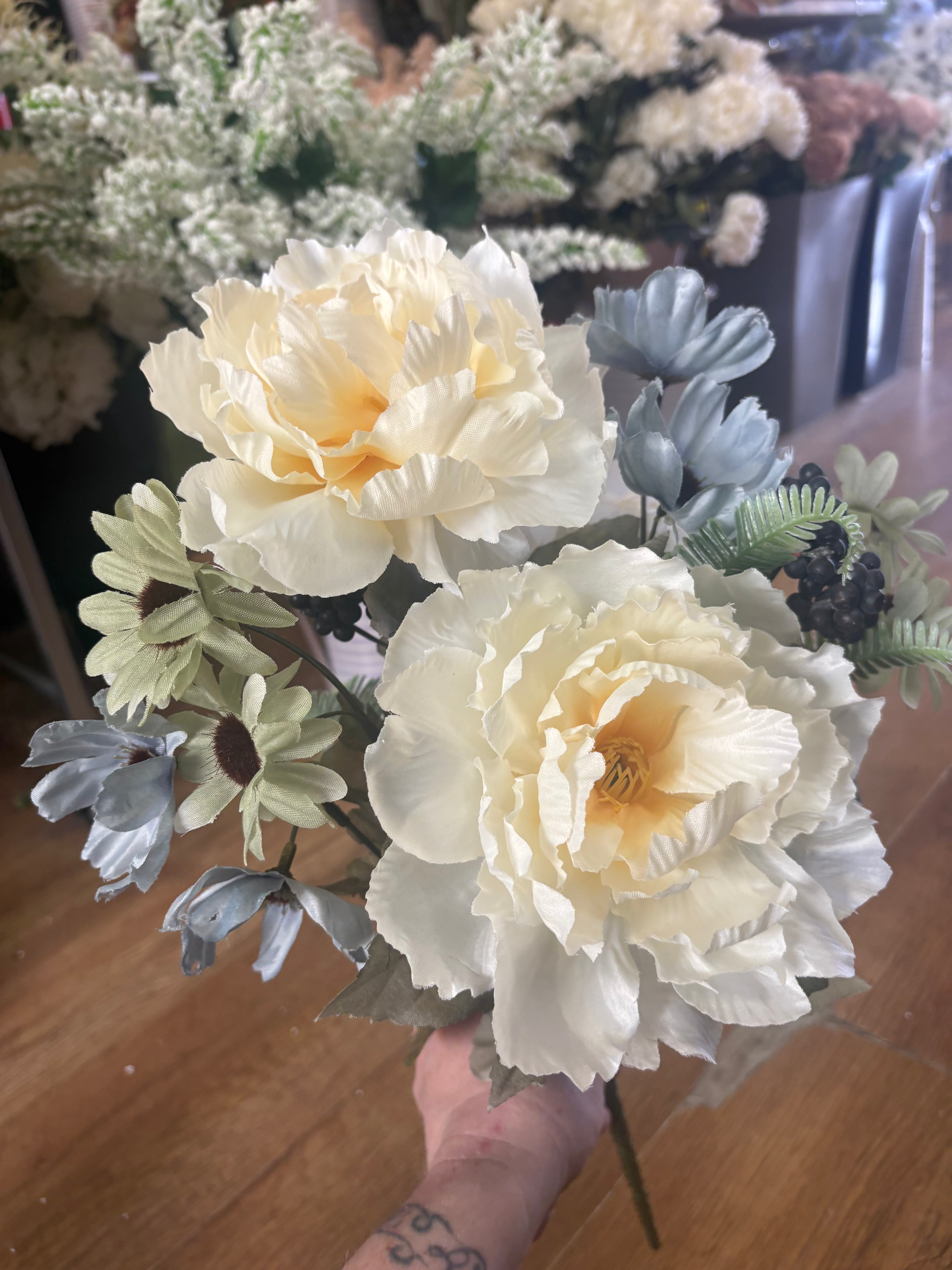 Large peony, rose and gerbera bouquet - cream, pale blue and pale green