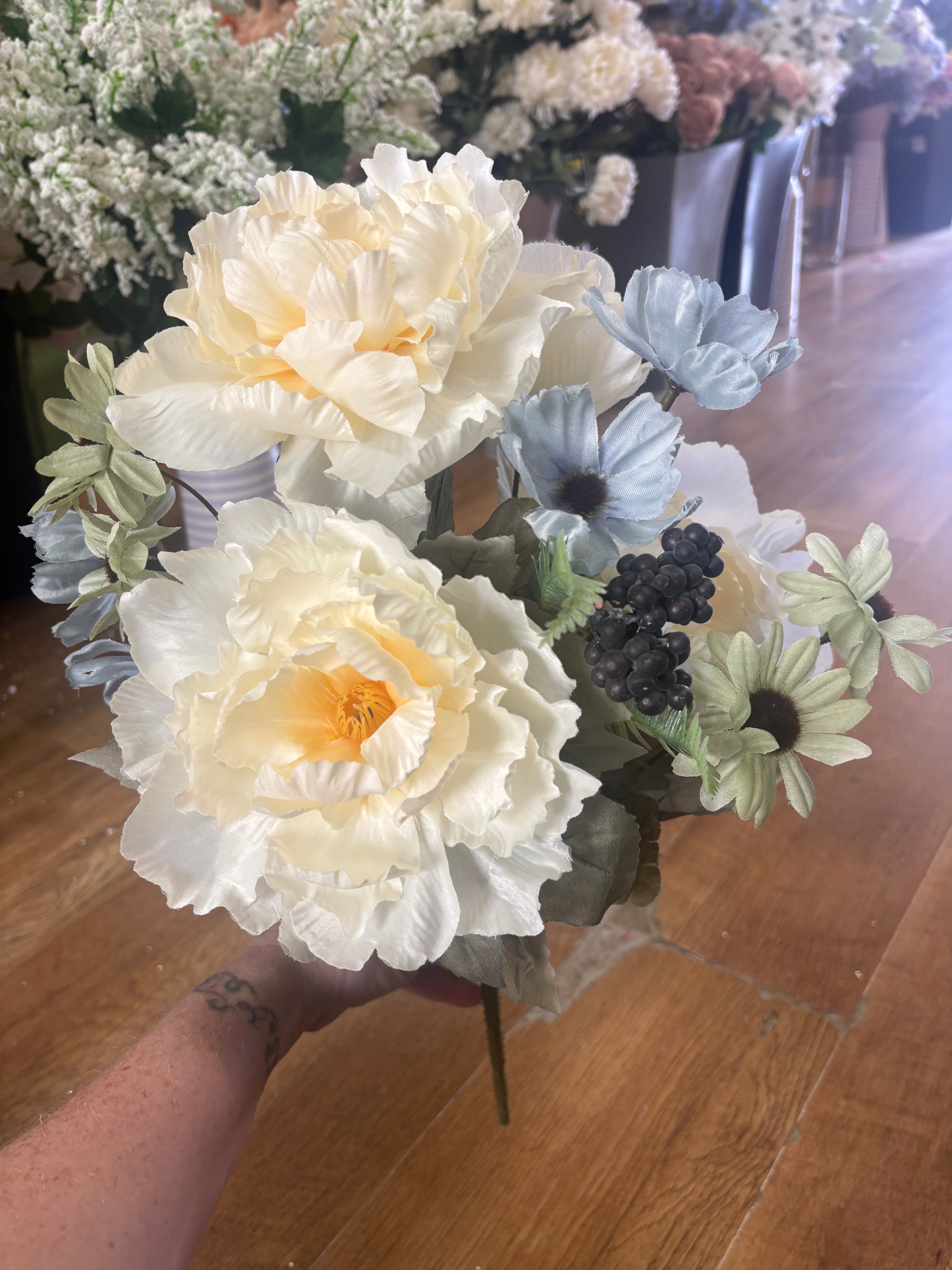 Large peony, rose and gerbera bouquet - cream, pale blue and pale green