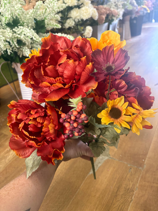 Large peony, rose and gerbera bouquet - orange, yellow and burgundy
