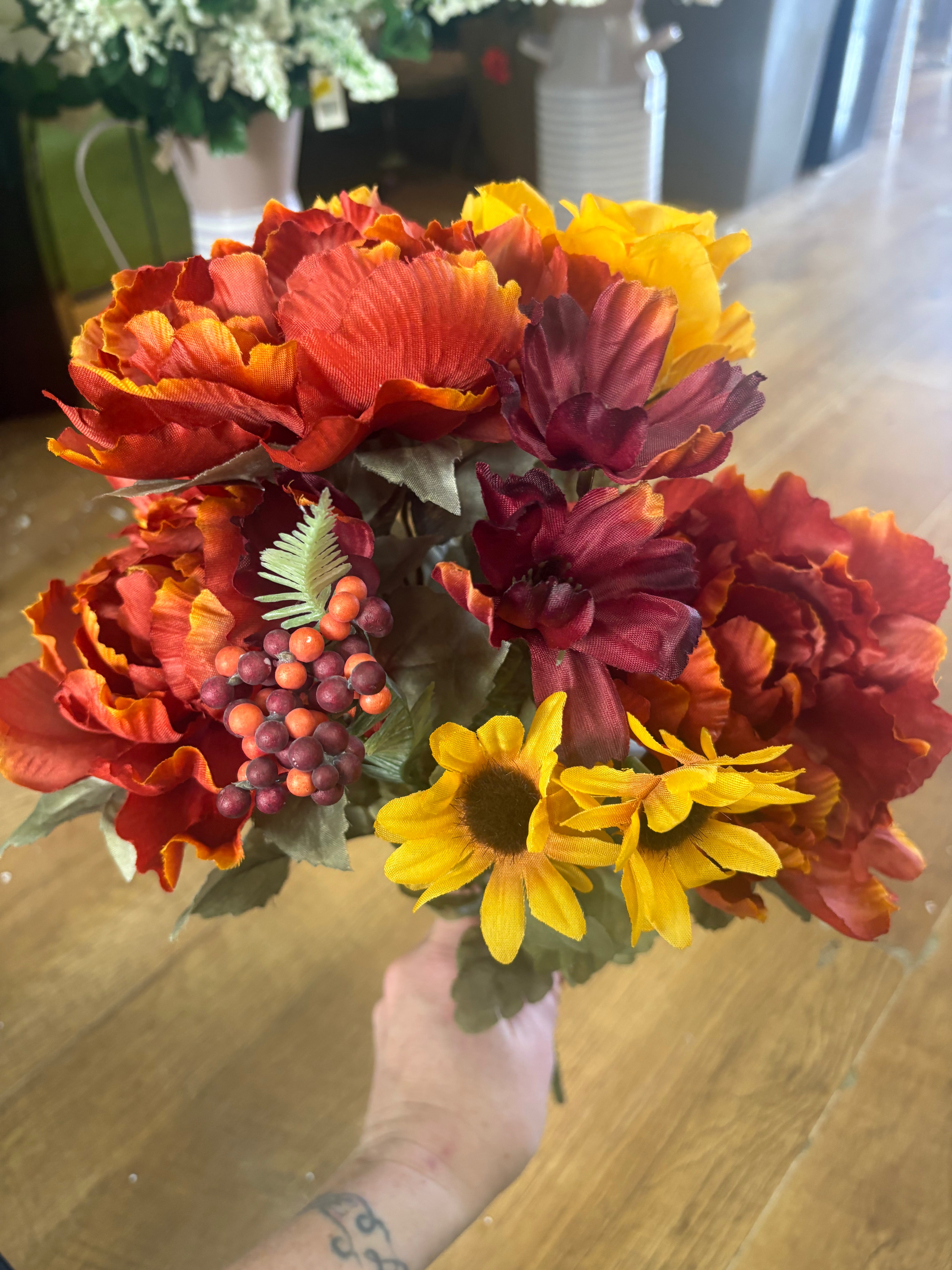 Large peony, rose and gerbera bouquet - orange, yellow and burgundy