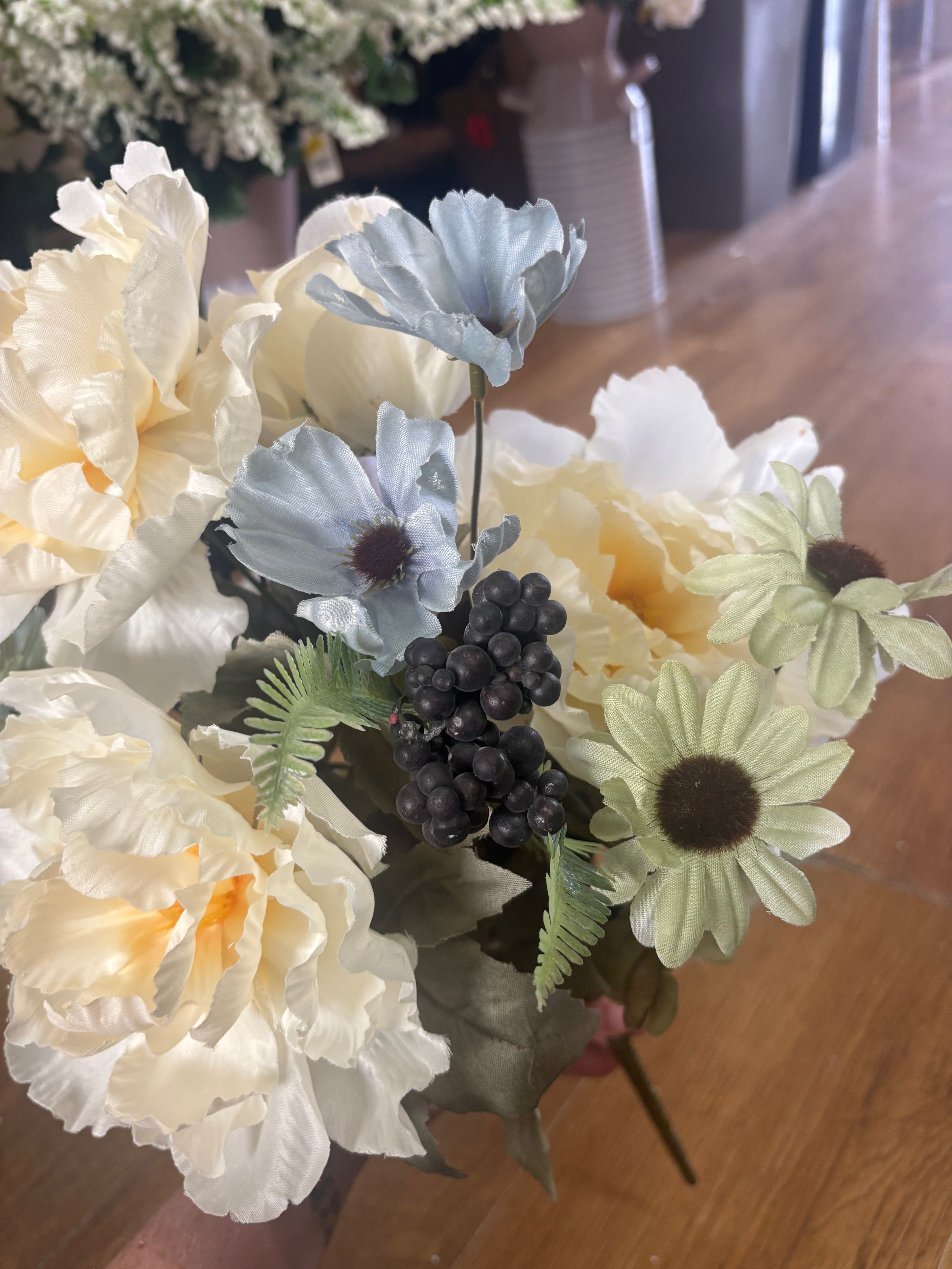 Large peony, rose and gerbera bouquet - cream, pale blue and pale green