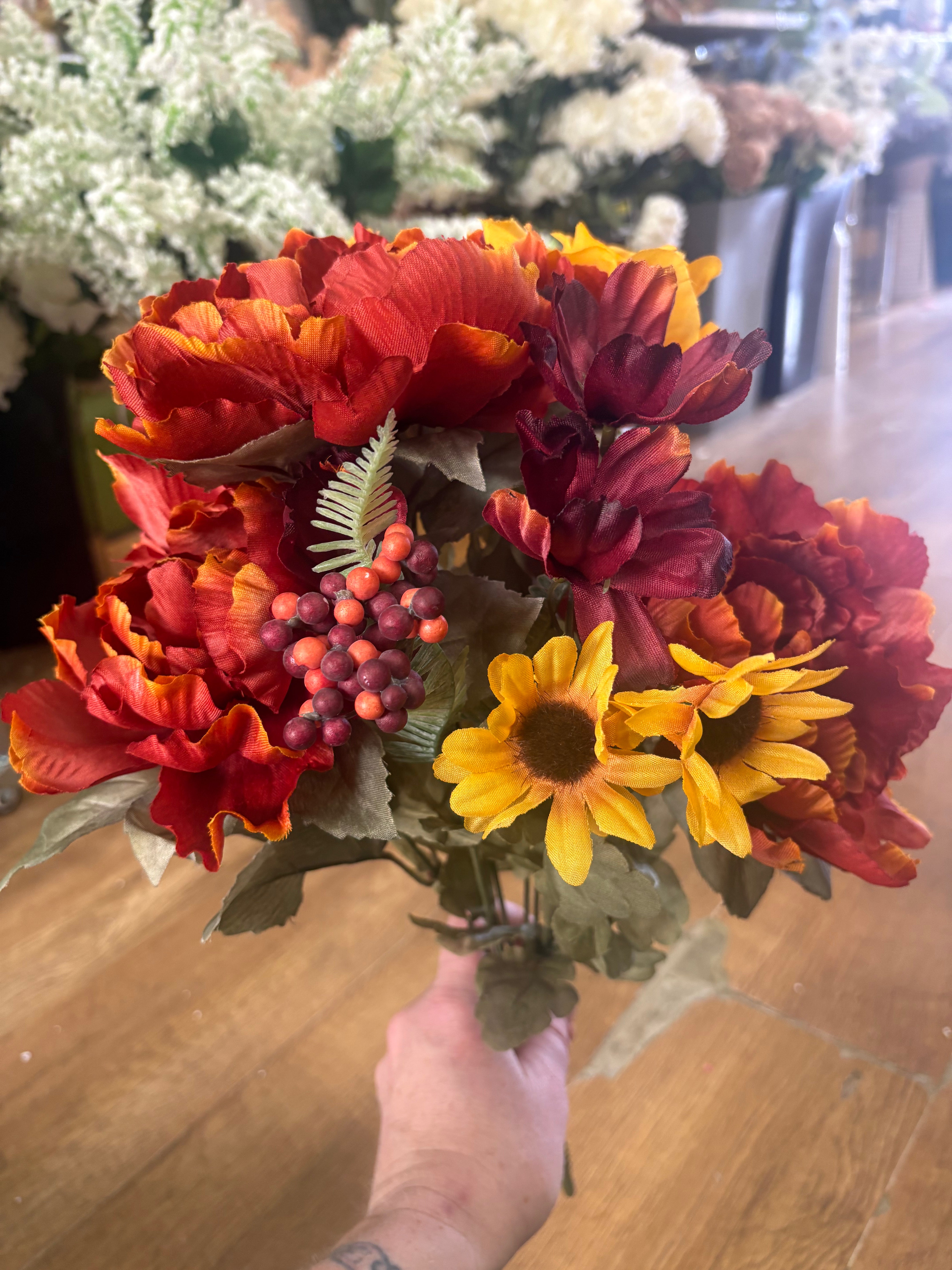 Large peony, rose and gerbera bouquet - orange, yellow and burgundy
