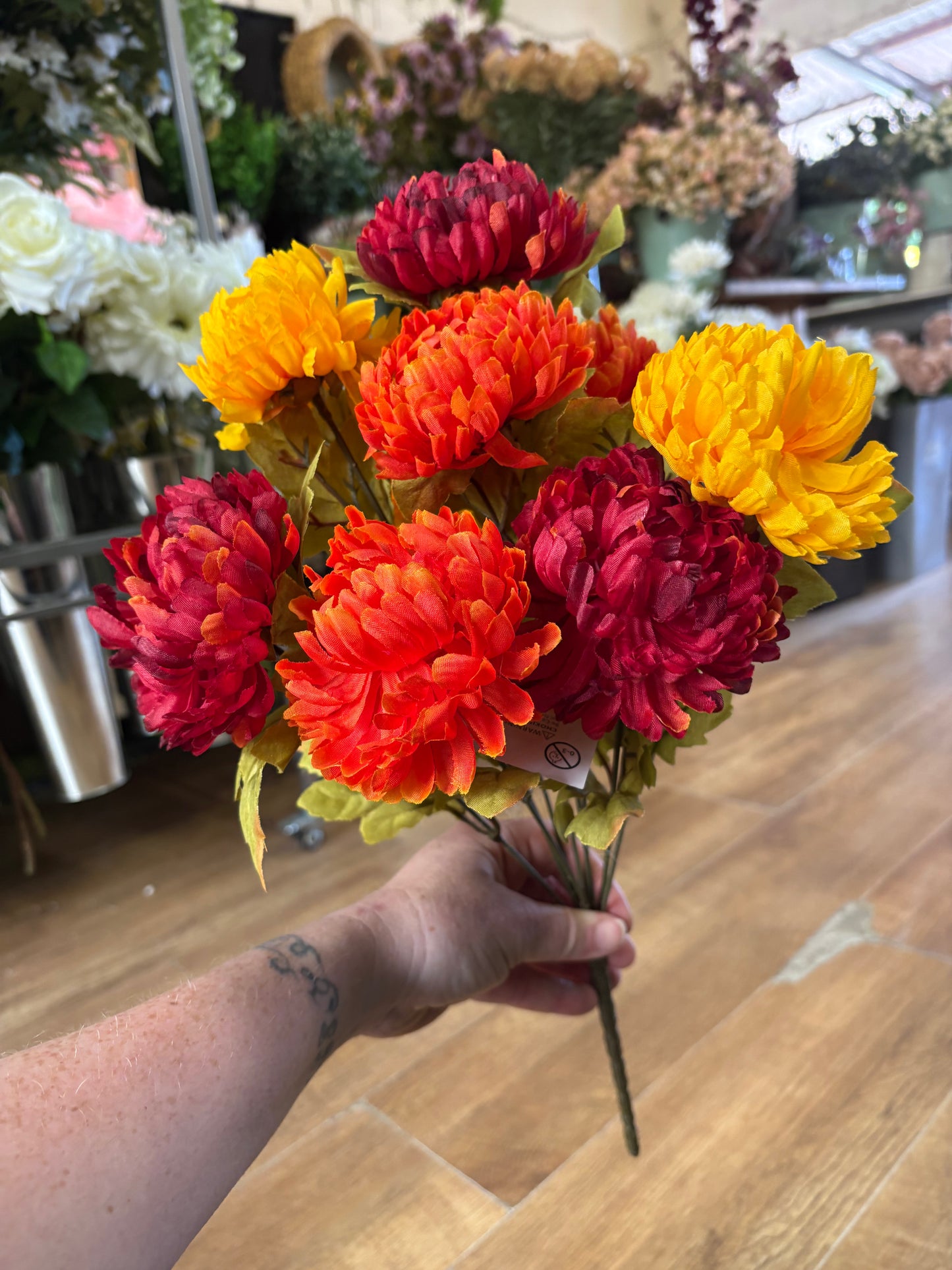 Large autumnal chrysanthemum bouquet - burgundy, orange and autumnal yellow