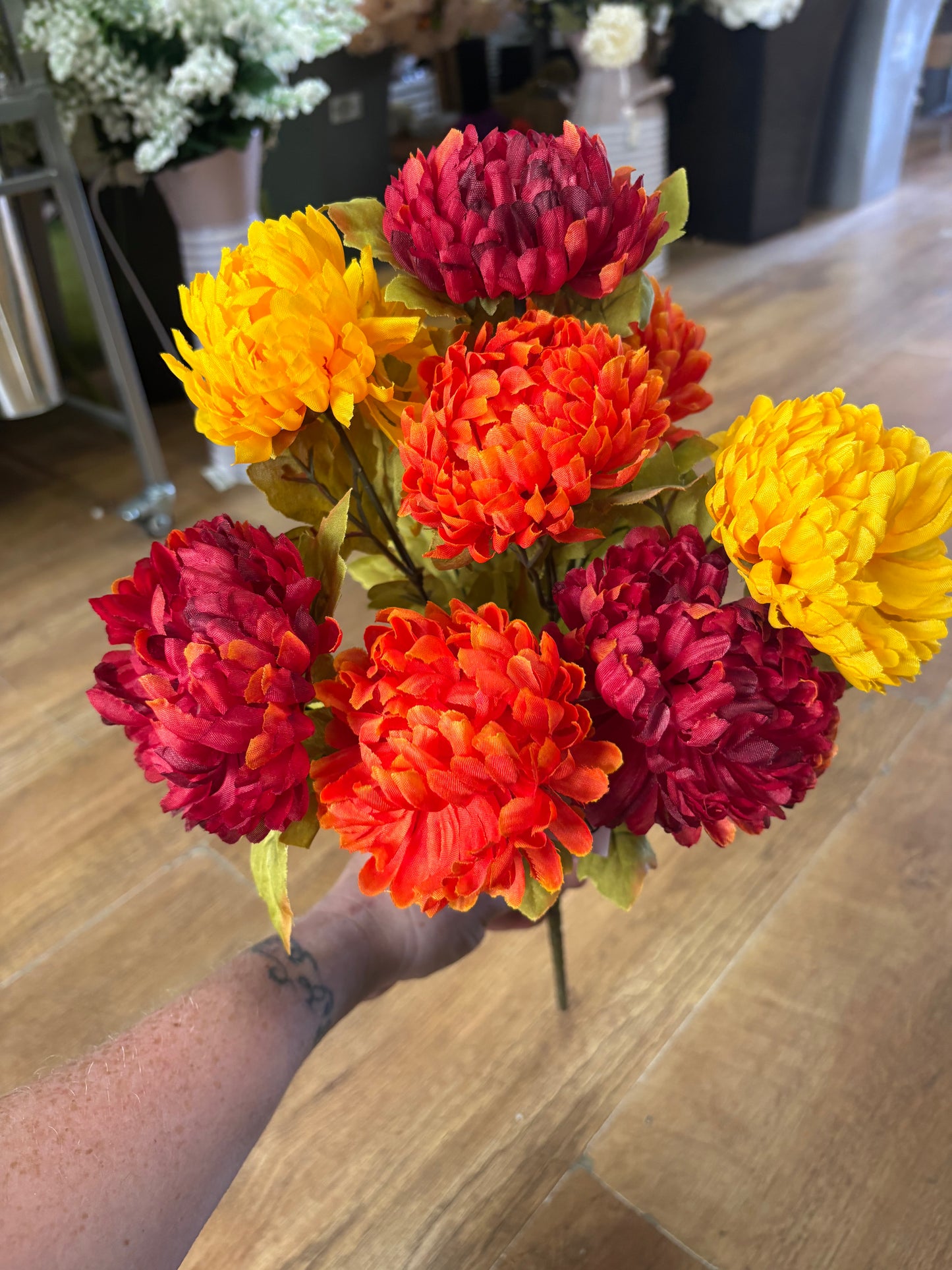 Large autumnal chrysanthemum bouquet - burgundy, orange and autumnal yellow