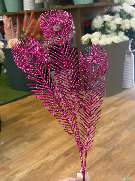 Long stem hot pink glittered peacock feather