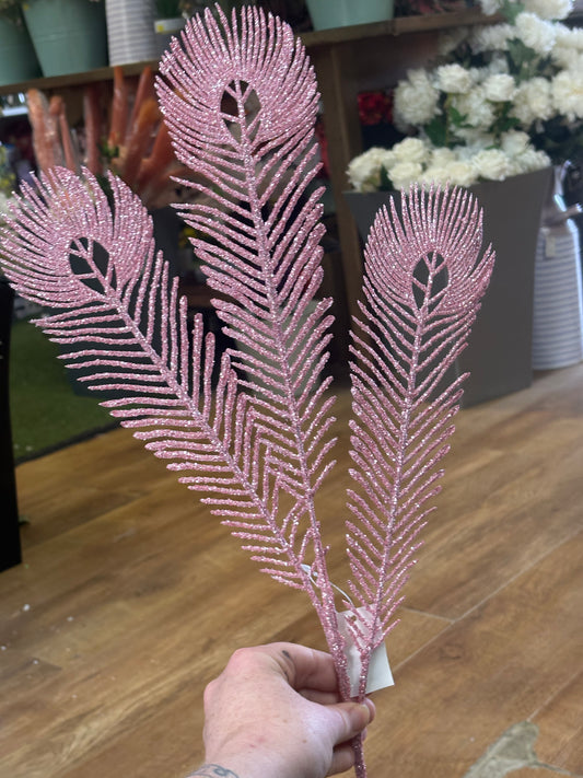 Long stem pale pink glittered peacock feathers