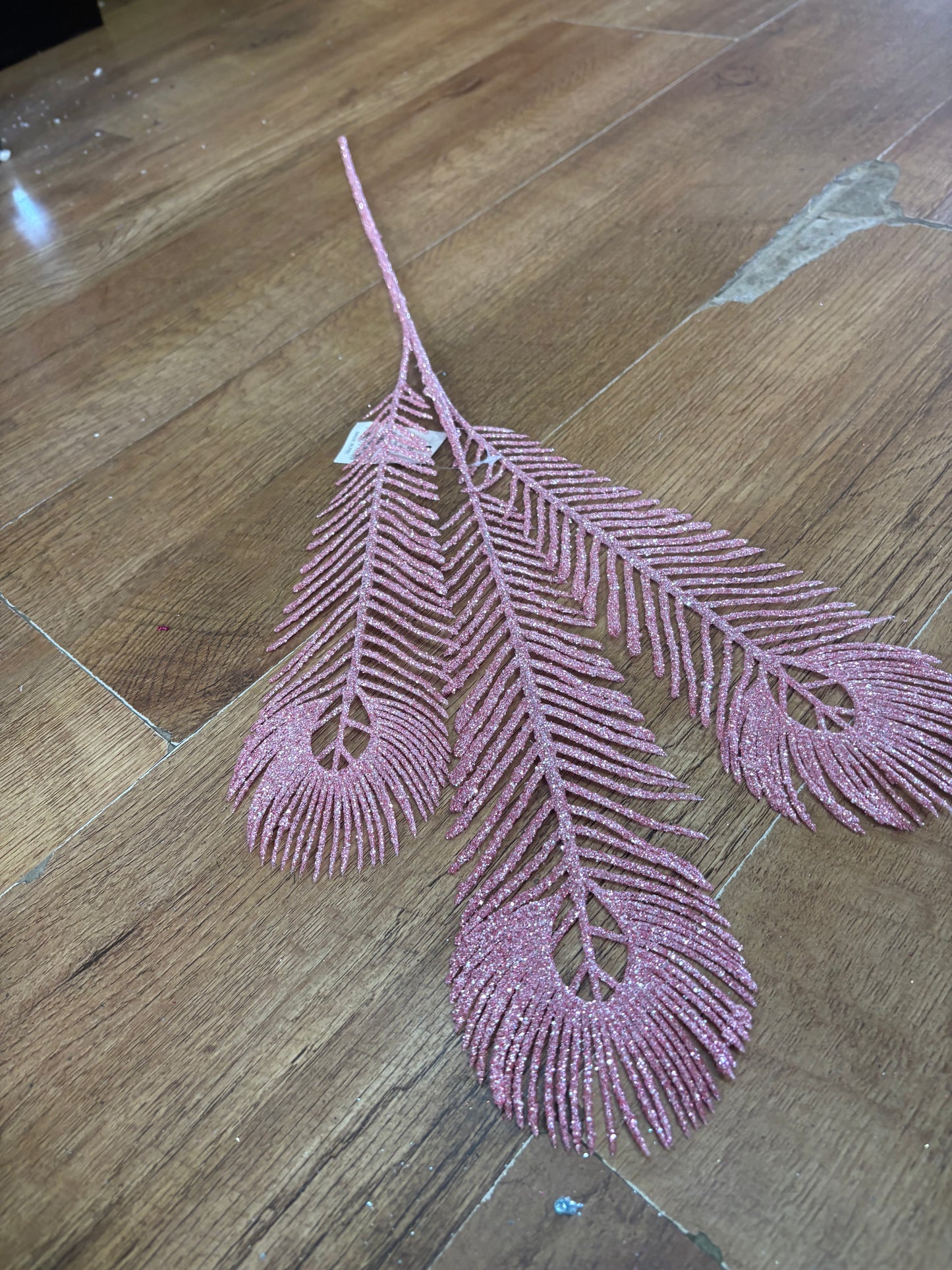 Long stem pale pink glittered peacock feathers