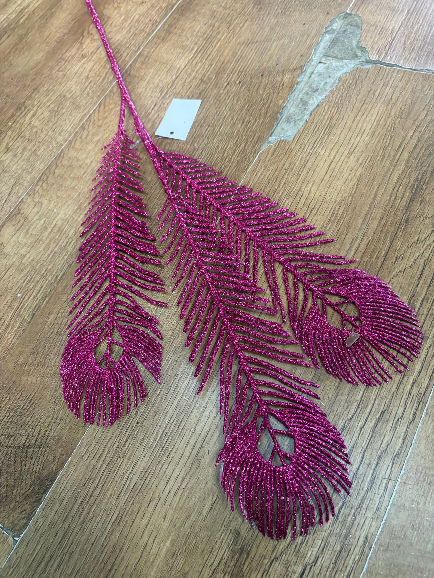 Long stem hot pink glittered peacock feather