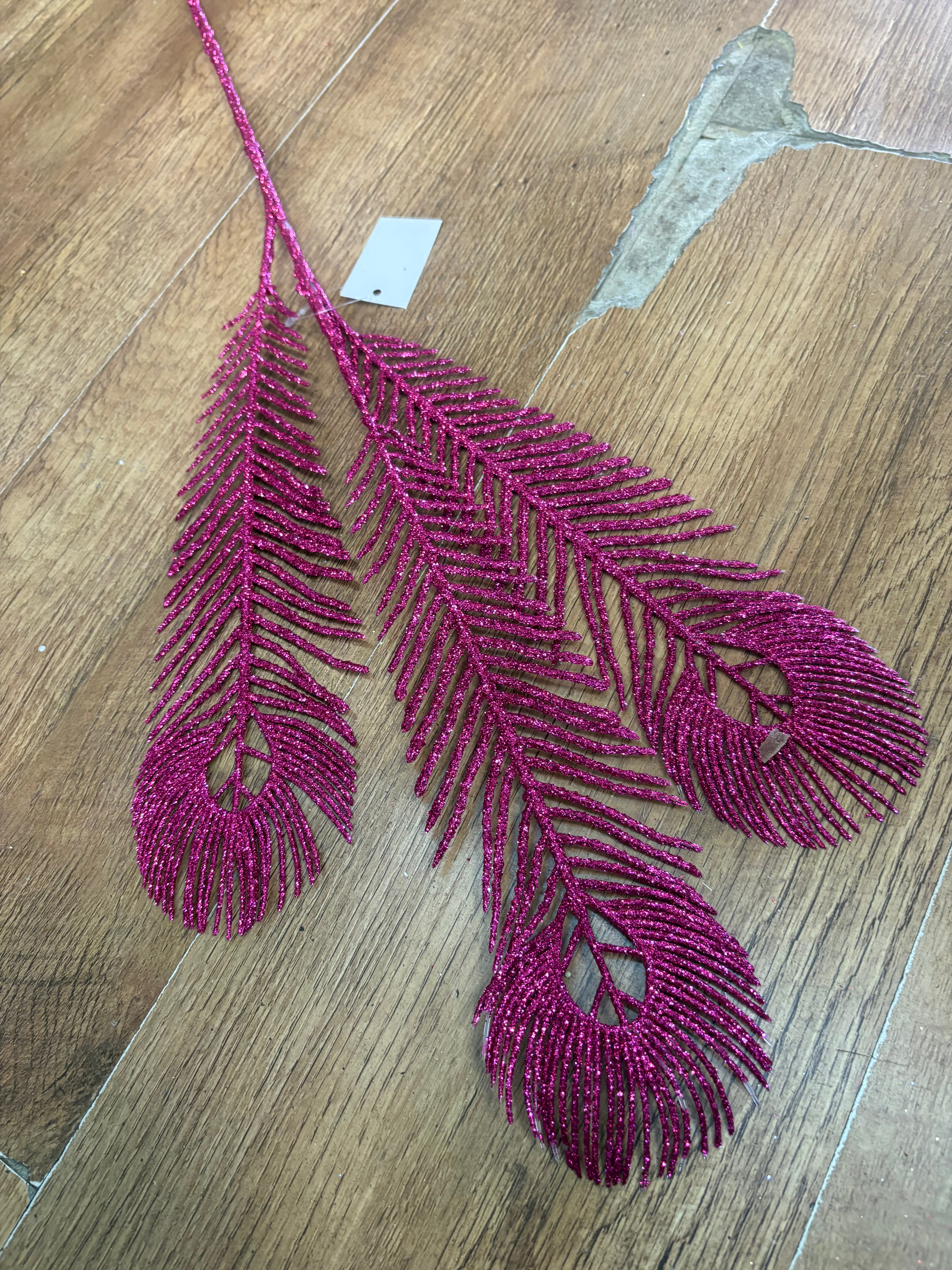 Long stem hot pink glittered peacock feather