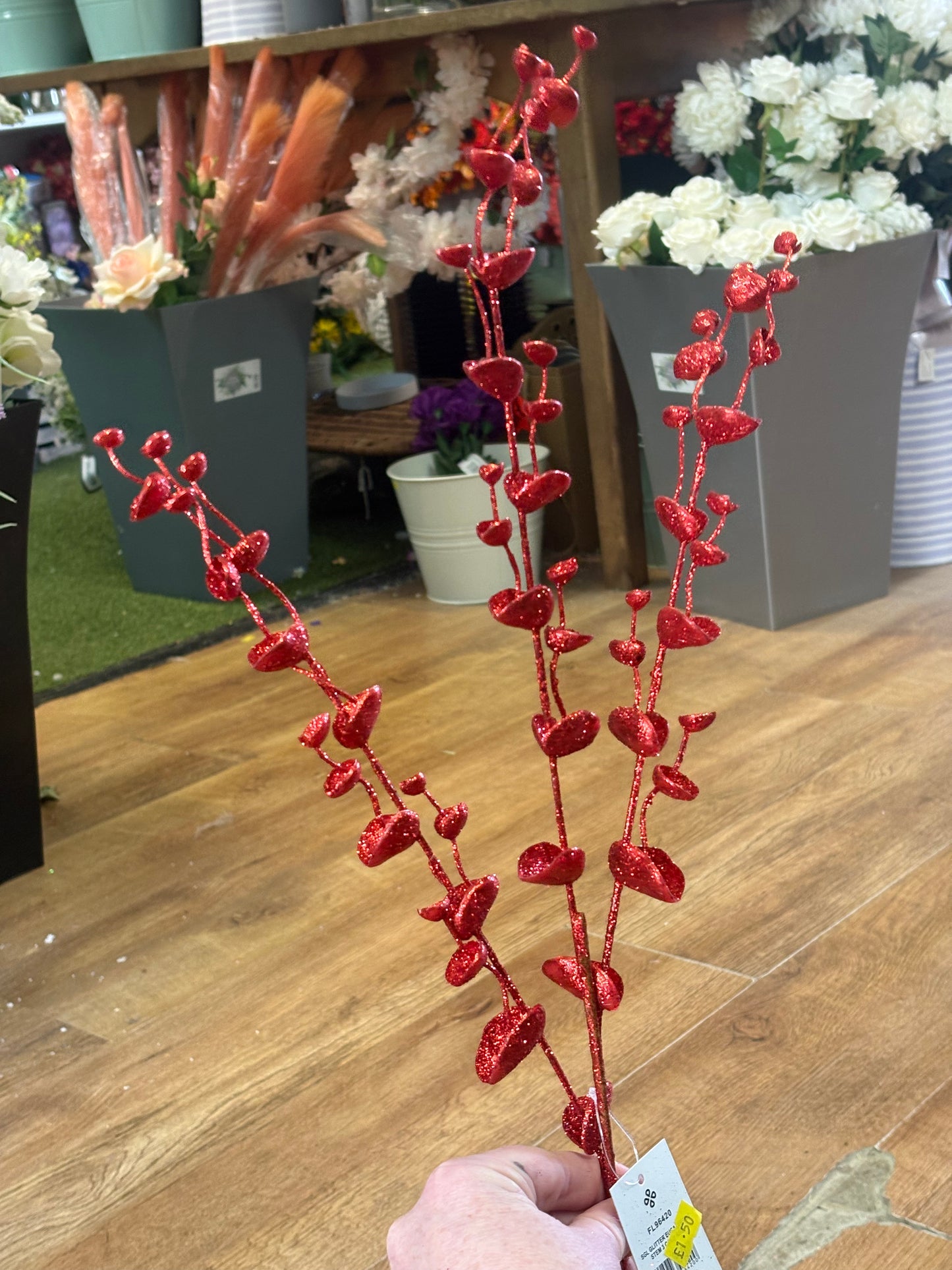 Long stem red glittered eucalyptus filler