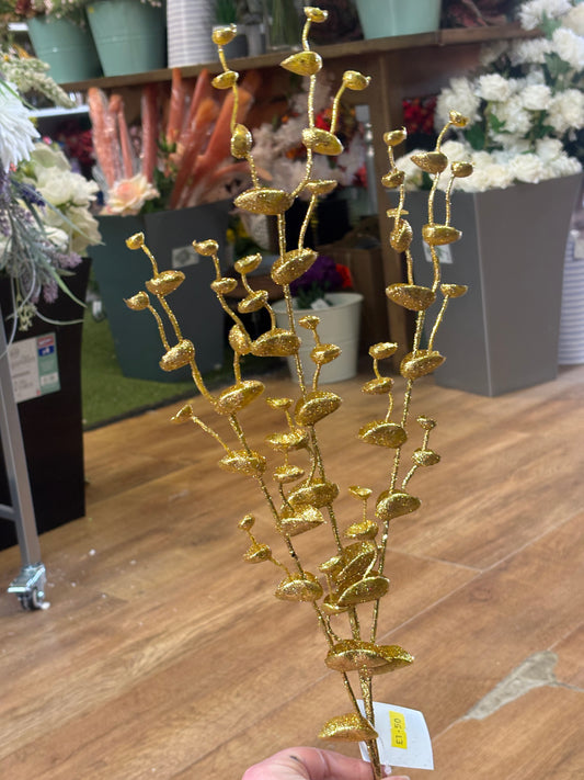 Long stem gold glittered eucalyptus filler