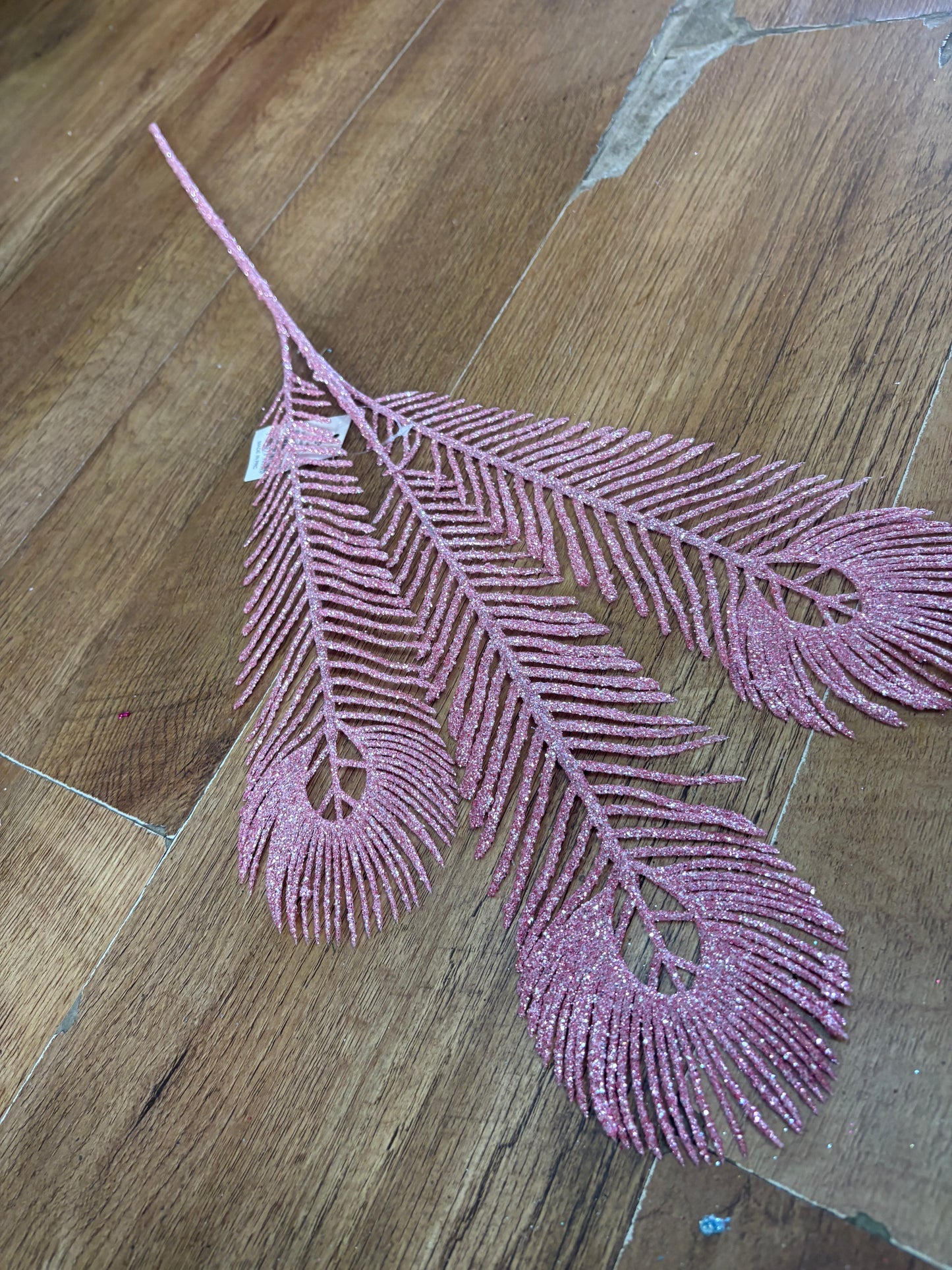 Long stem pale pink glittered peacock feathers