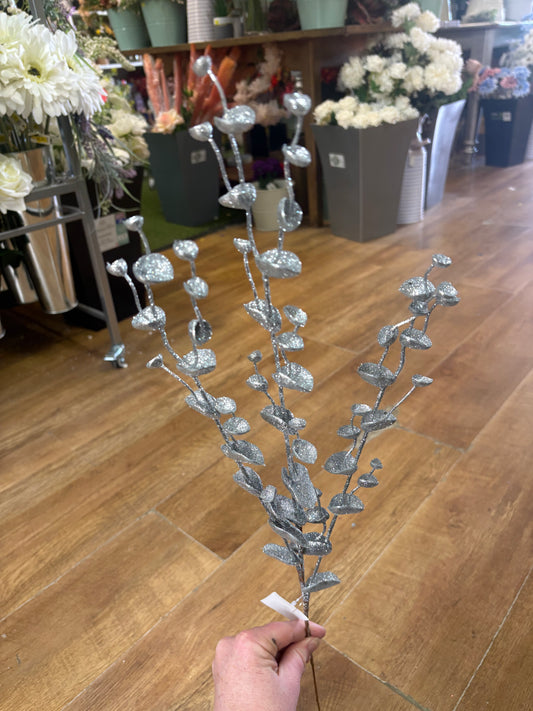 Long stem silver glittered eucalyptus filler