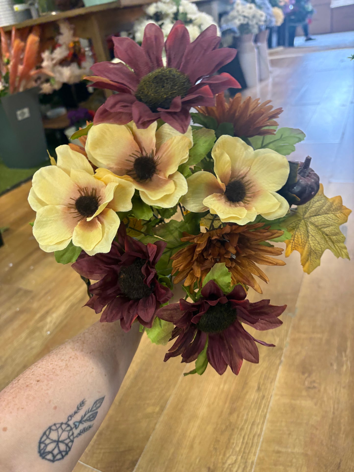 Burgundy and cream sunflower, poppy and pumpkin bouquet