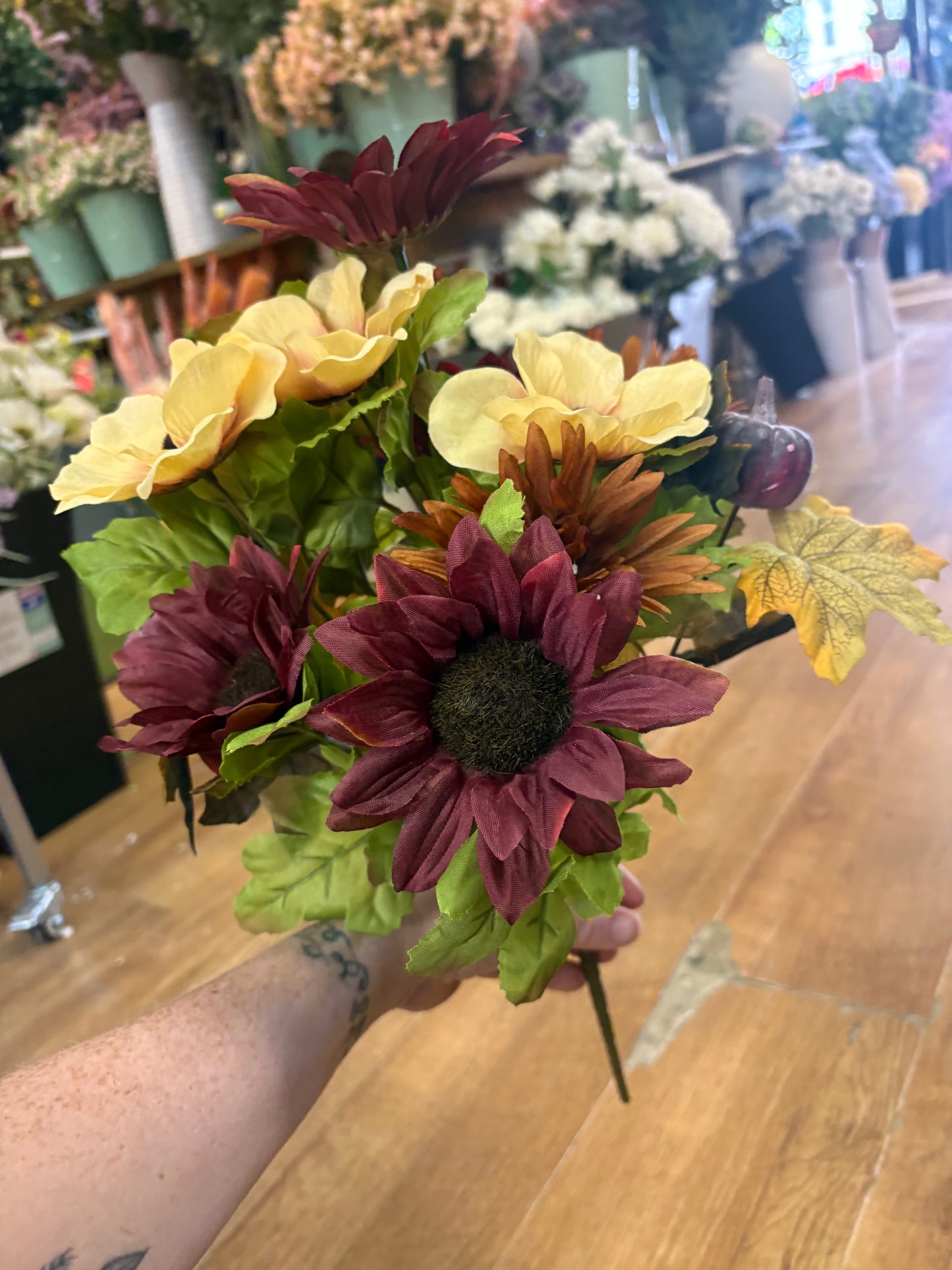 Burgundy and cream sunflower, poppy and pumpkin bouquet