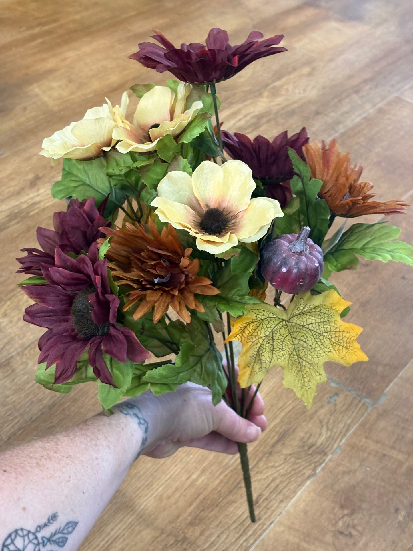 Burgundy and cream sunflower, poppy and pumpkin bouquet