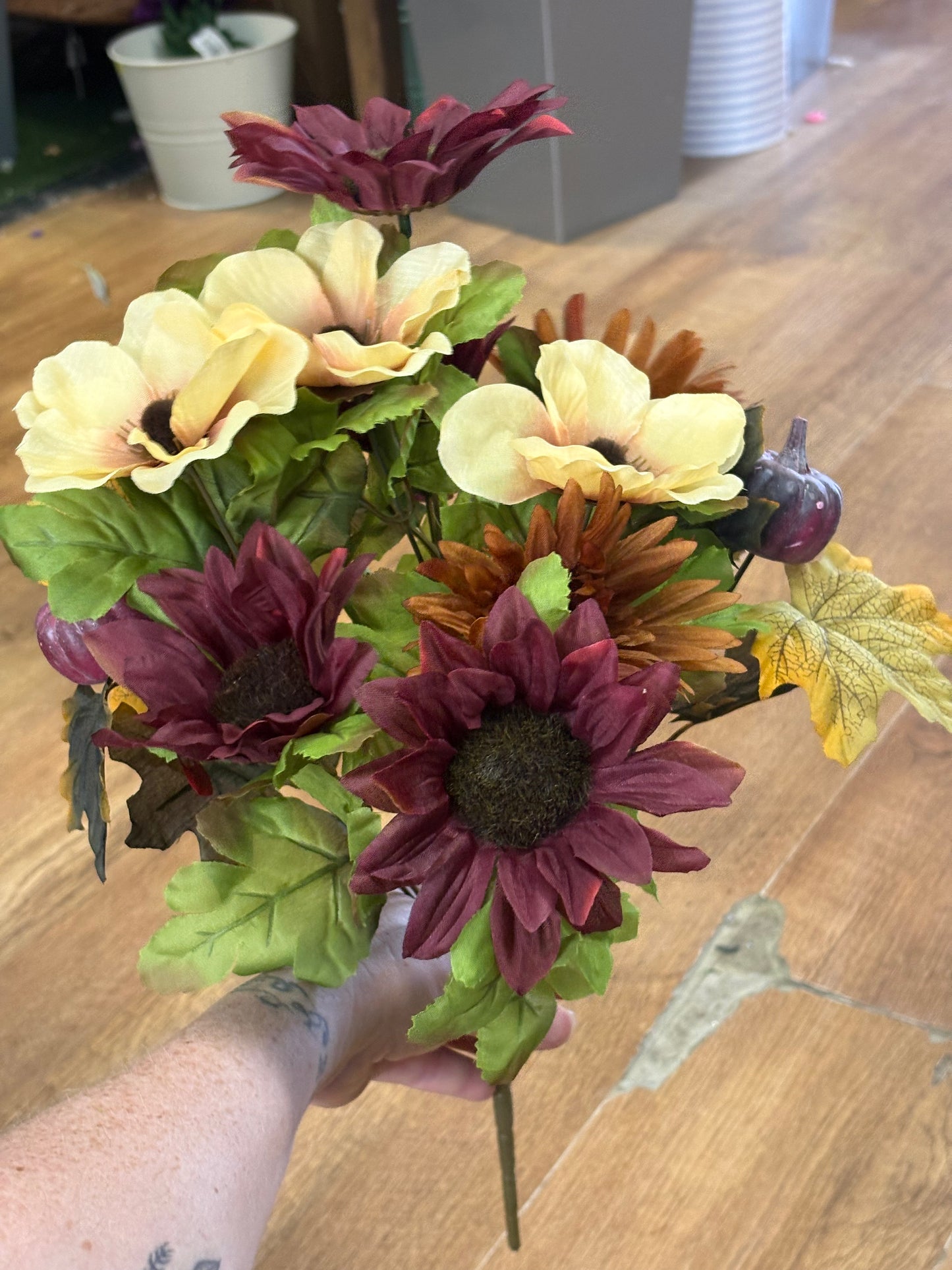Burgundy and cream sunflower, poppy and pumpkin bouquet