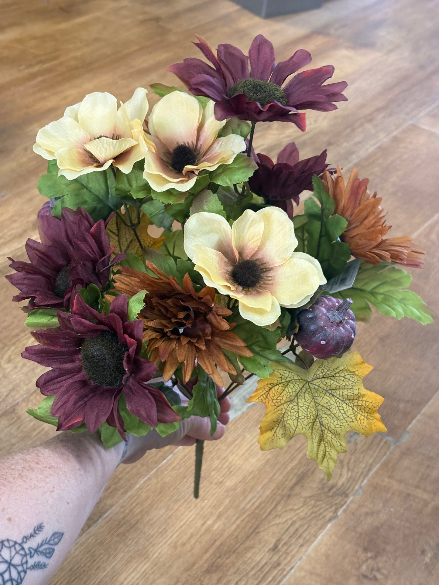 Burgundy and cream sunflower, poppy and pumpkin bouquet