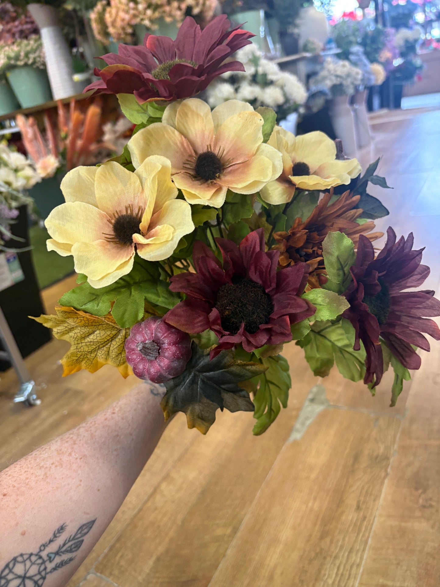 Burgundy and cream sunflower, poppy and pumpkin bouquet