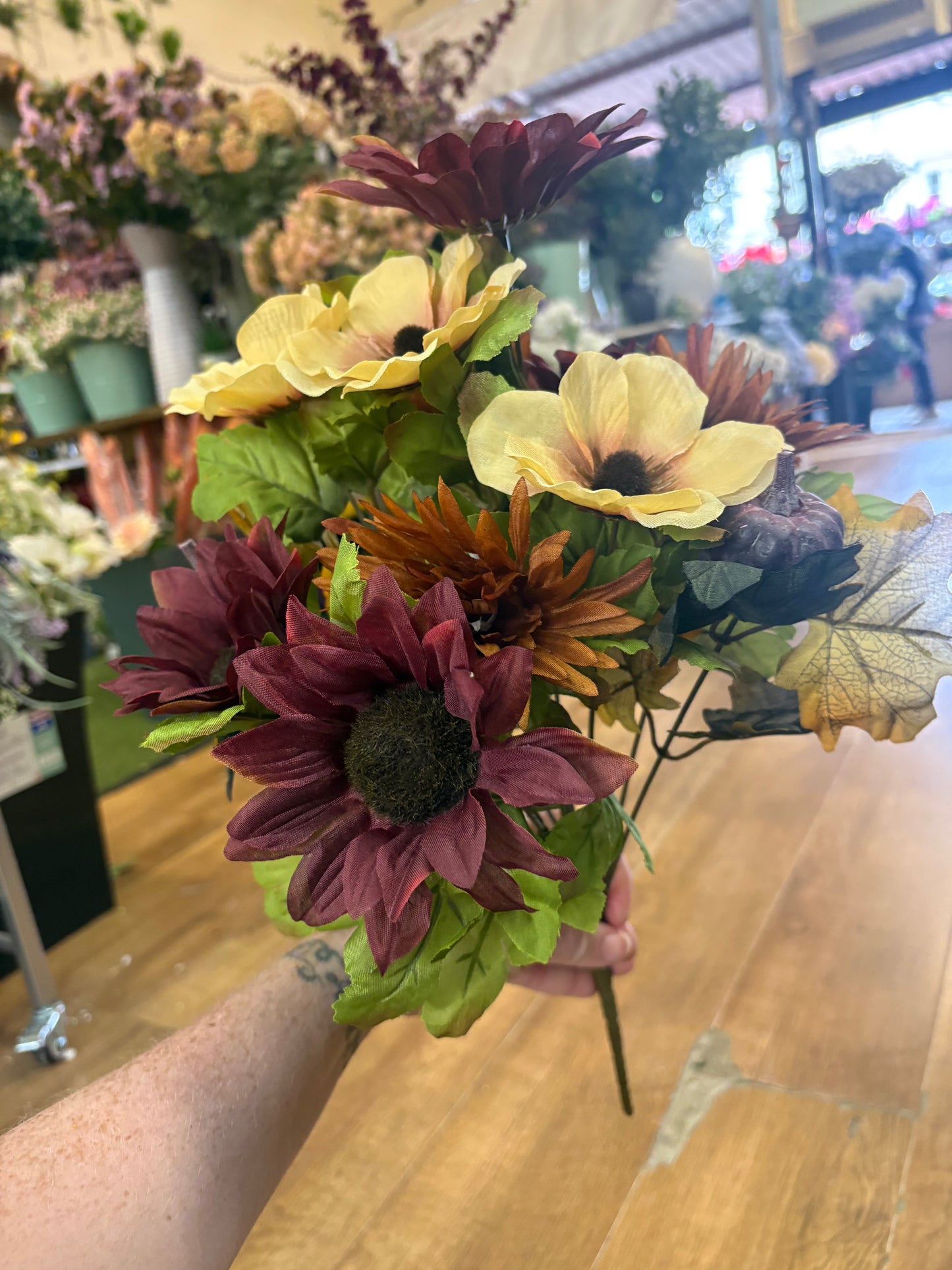 Burgundy and cream sunflower, poppy and pumpkin bouquet