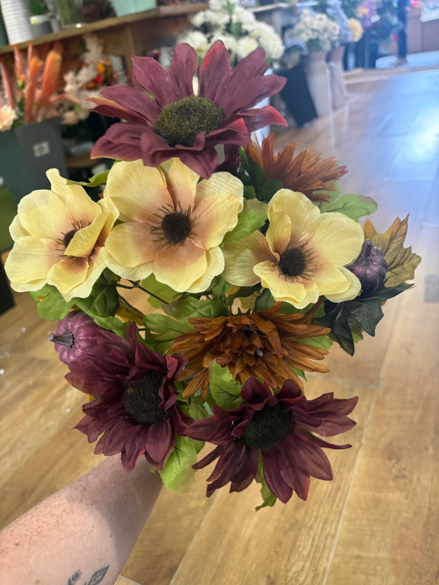 Burgundy and cream sunflower, poppy and pumpkin bouquet