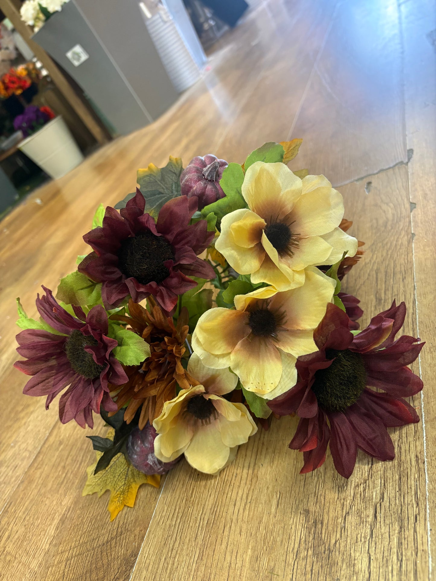 Burgundy and cream sunflower, poppy and pumpkin bouquet