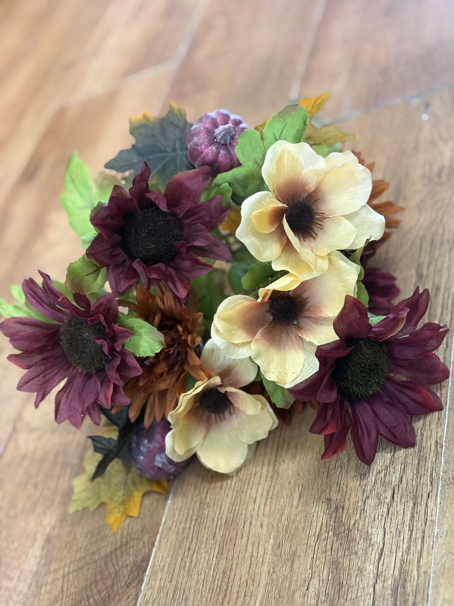 Burgundy and cream sunflower, poppy and pumpkin bouquet