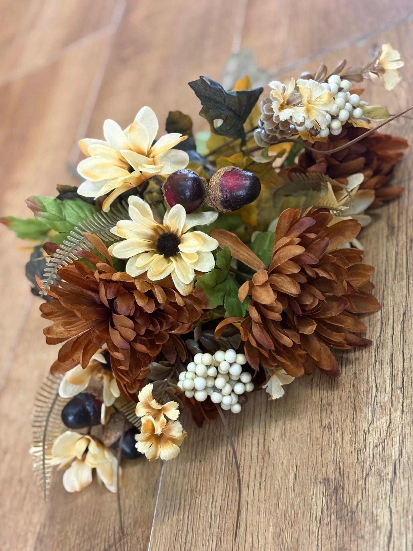 Brown and cream chrysanthemum, daisy and acorn bouquet