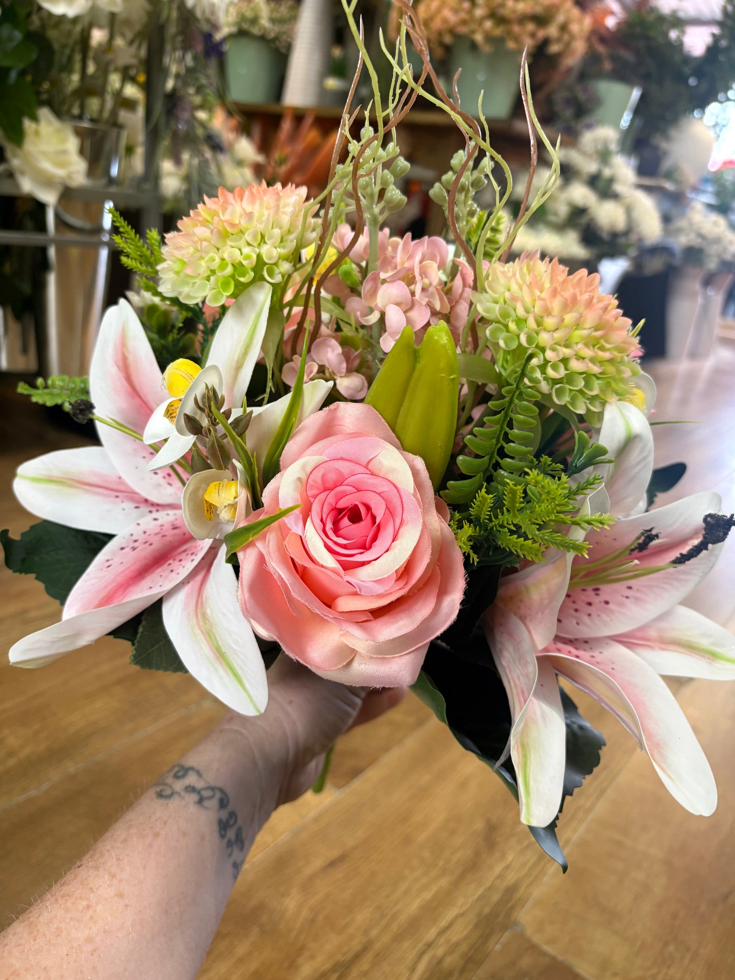 Pink Premium lily, rose and mixed florals/foliage bouquet with 1m of matching satin ribbon