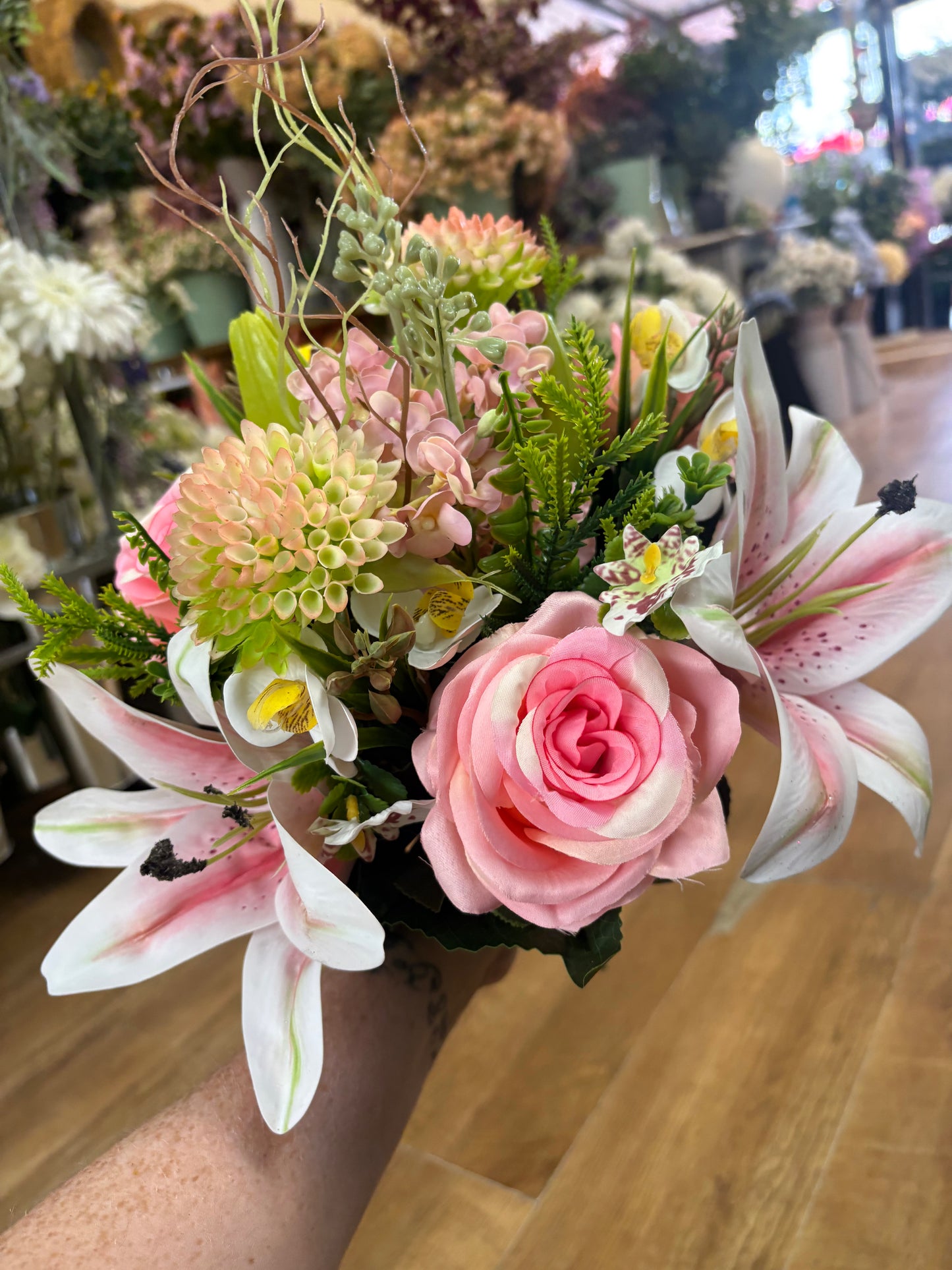 Pink Premium lily, rose and mixed florals/foliage bouquet with 1m of matching satin ribbon