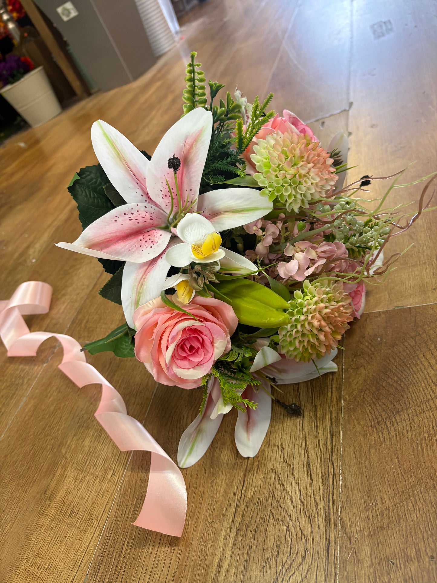 Pink Premium lily, rose and mixed florals/foliage bouquet with 1m of matching satin ribbon