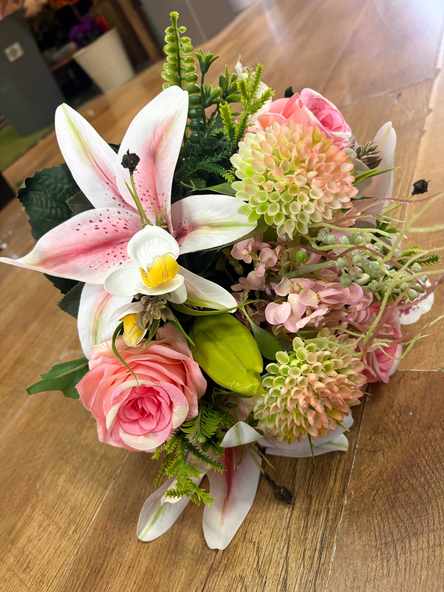 Pink Premium lily, rose and mixed florals/foliage bouquet with 1m of matching satin ribbon