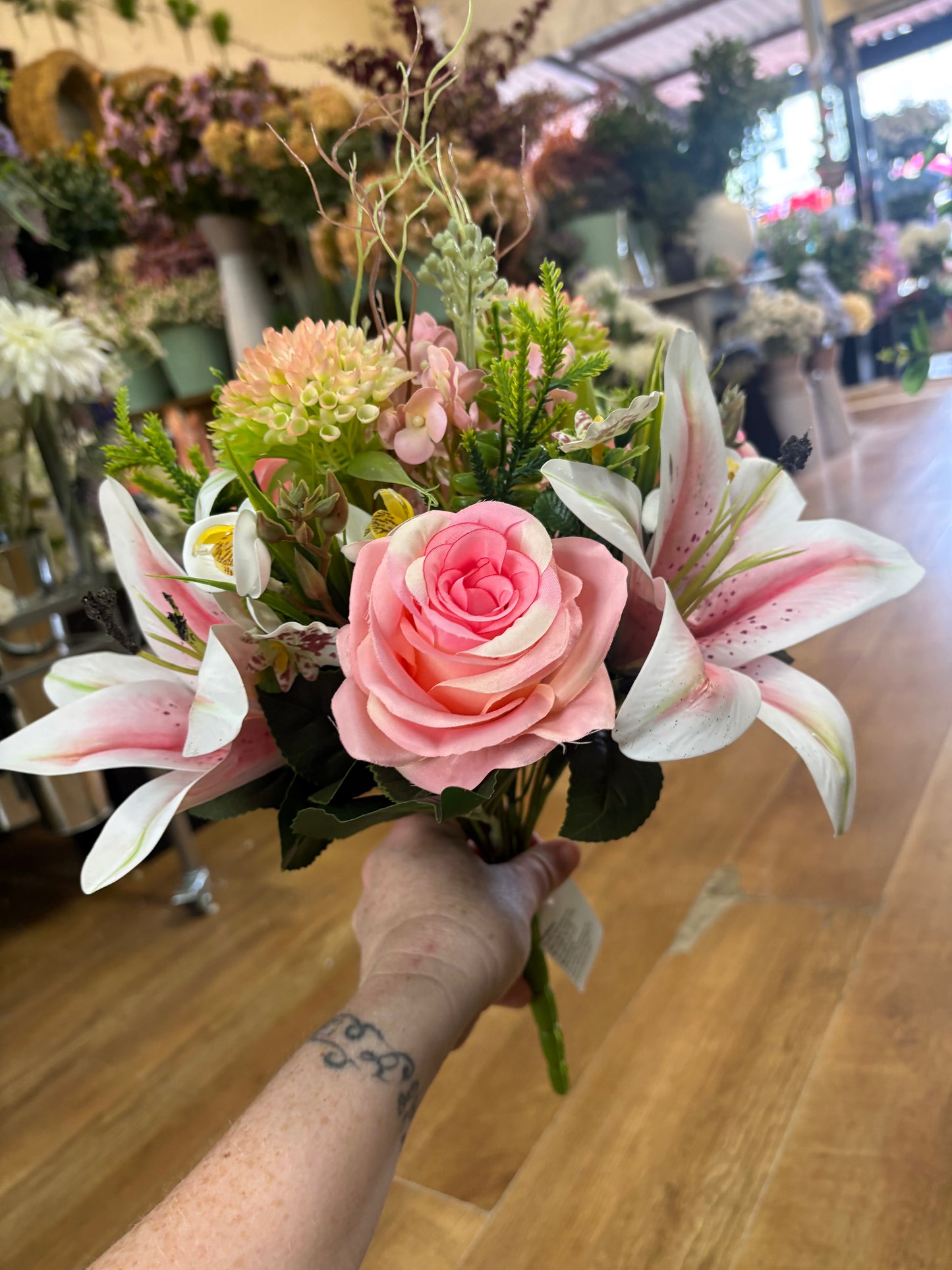 Pink Premium lily, rose and mixed florals/foliage bouquet with 1m of matching satin ribbon