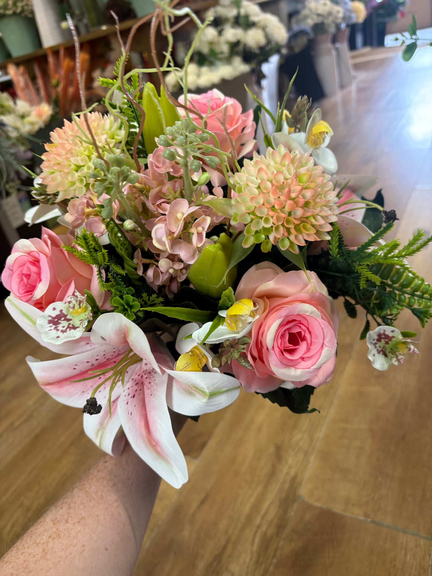 Pink Premium lily, rose and mixed florals/foliage bouquet with 1m of matching satin ribbon
