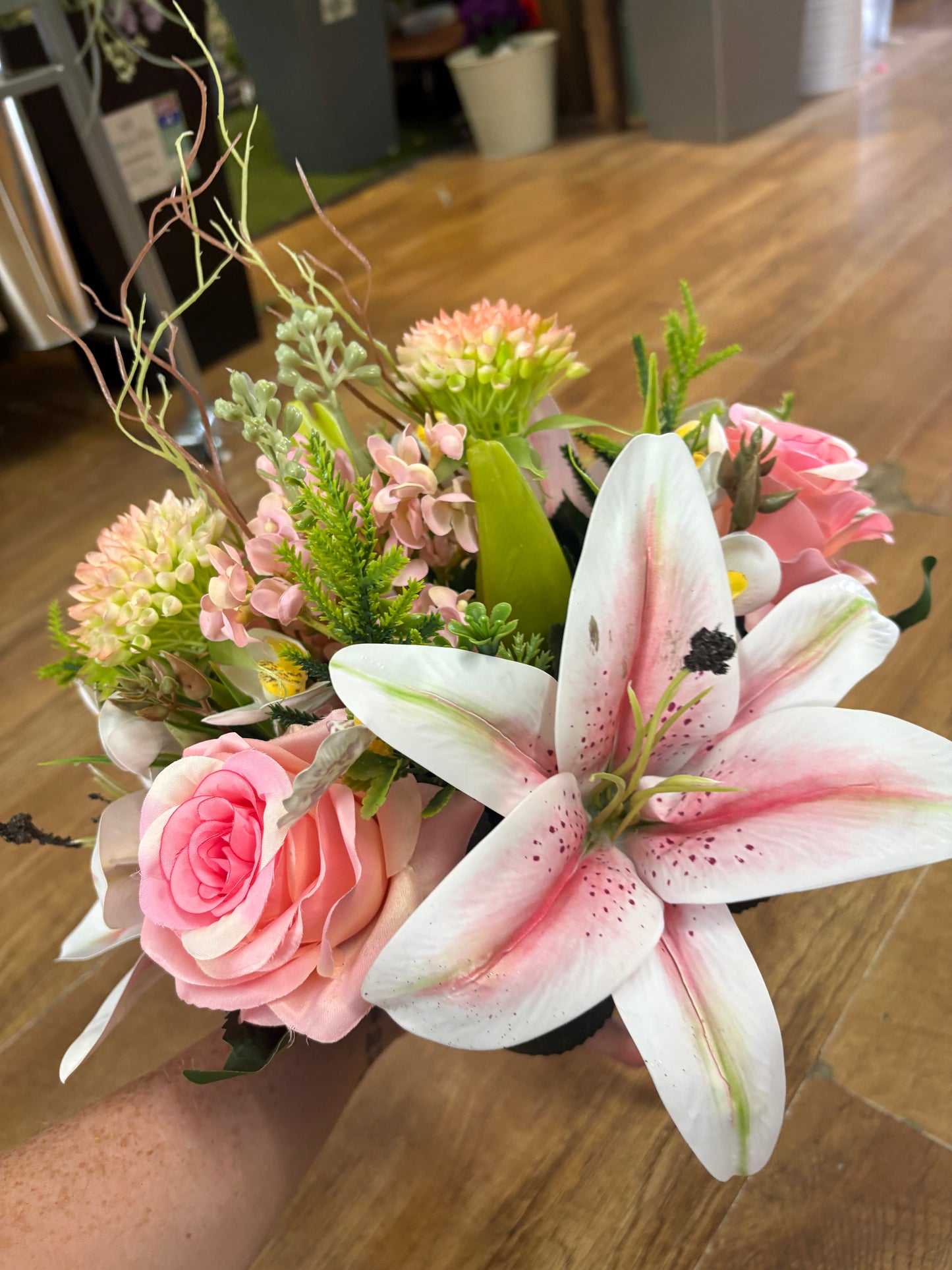 Pink Premium lily, rose and mixed florals/foliage bouquet with 1m of matching satin ribbon