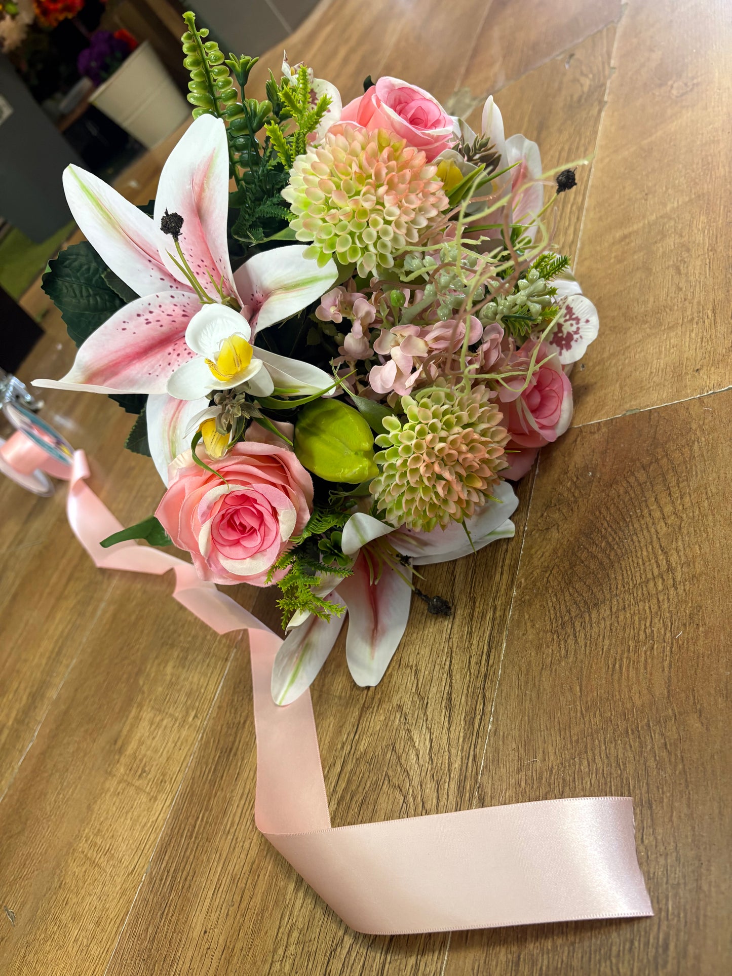 Pink Premium lily, rose and mixed florals/foliage bouquet with 1m of matching satin ribbon