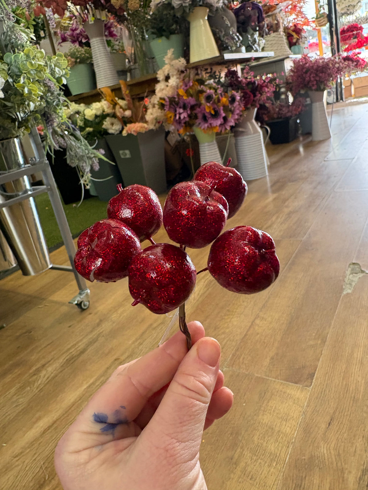 Bundle of 6 small red glittered apple picks