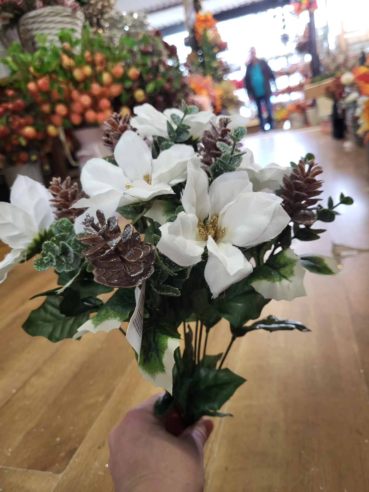 White poinsettia and frosted cone bunch image 3