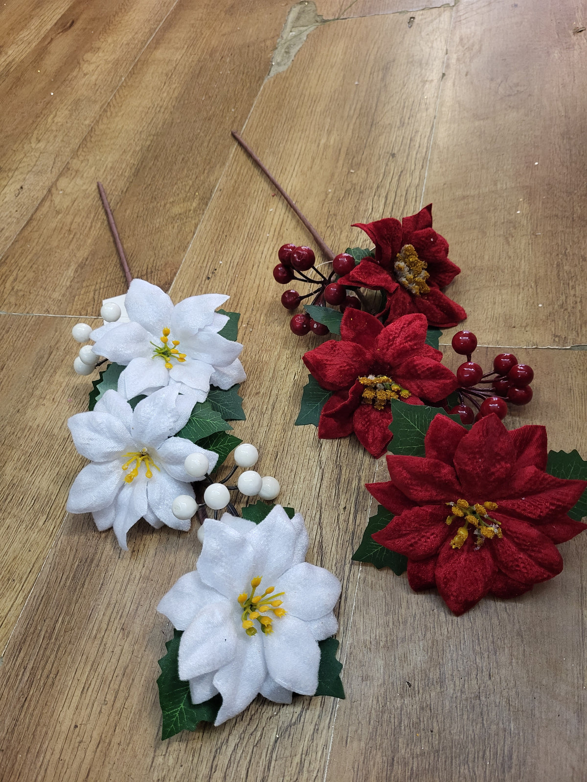 50cm velvet poinsettias, berry and Holly stem - 2 colours available image 0