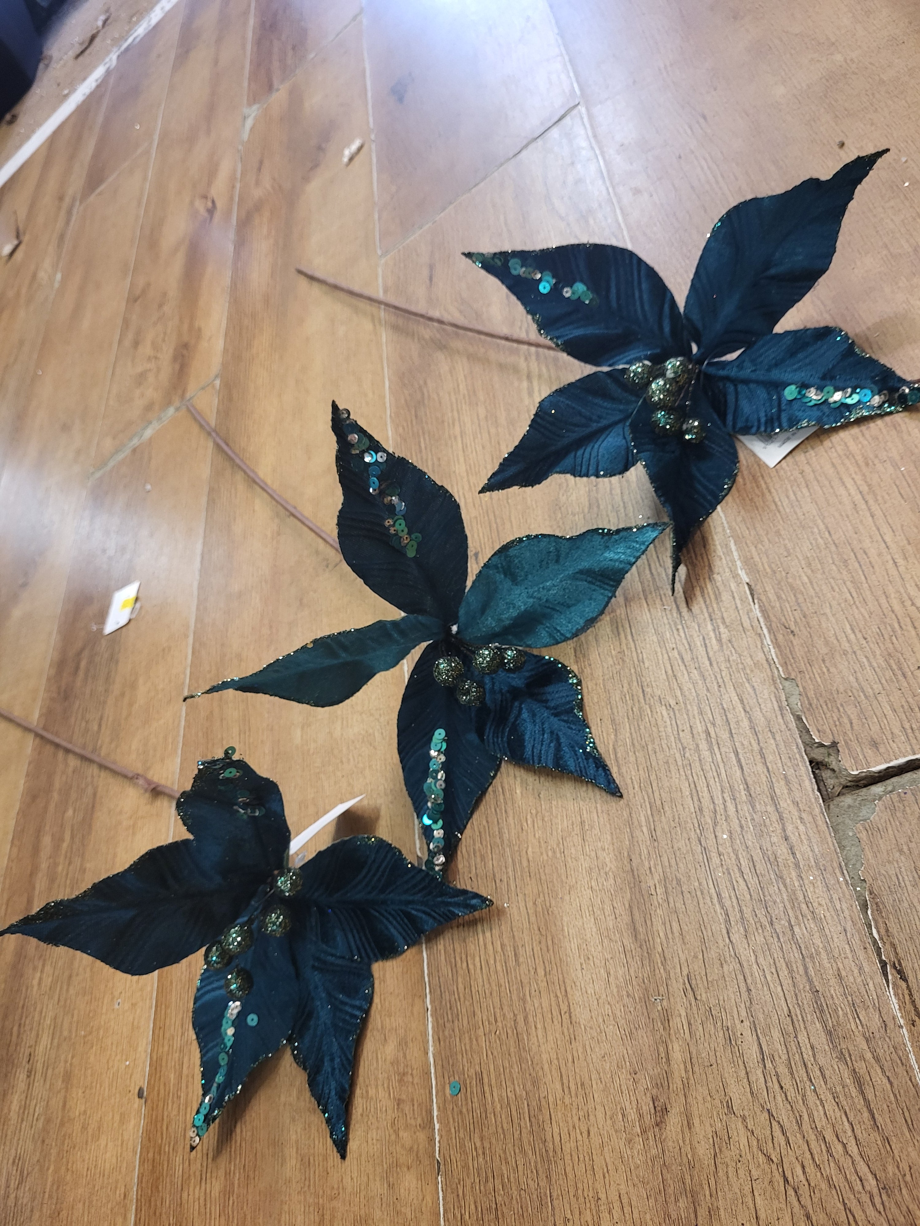 Bundle of 3 Long stem Teal velvet and glitter single poinsettias image 0
