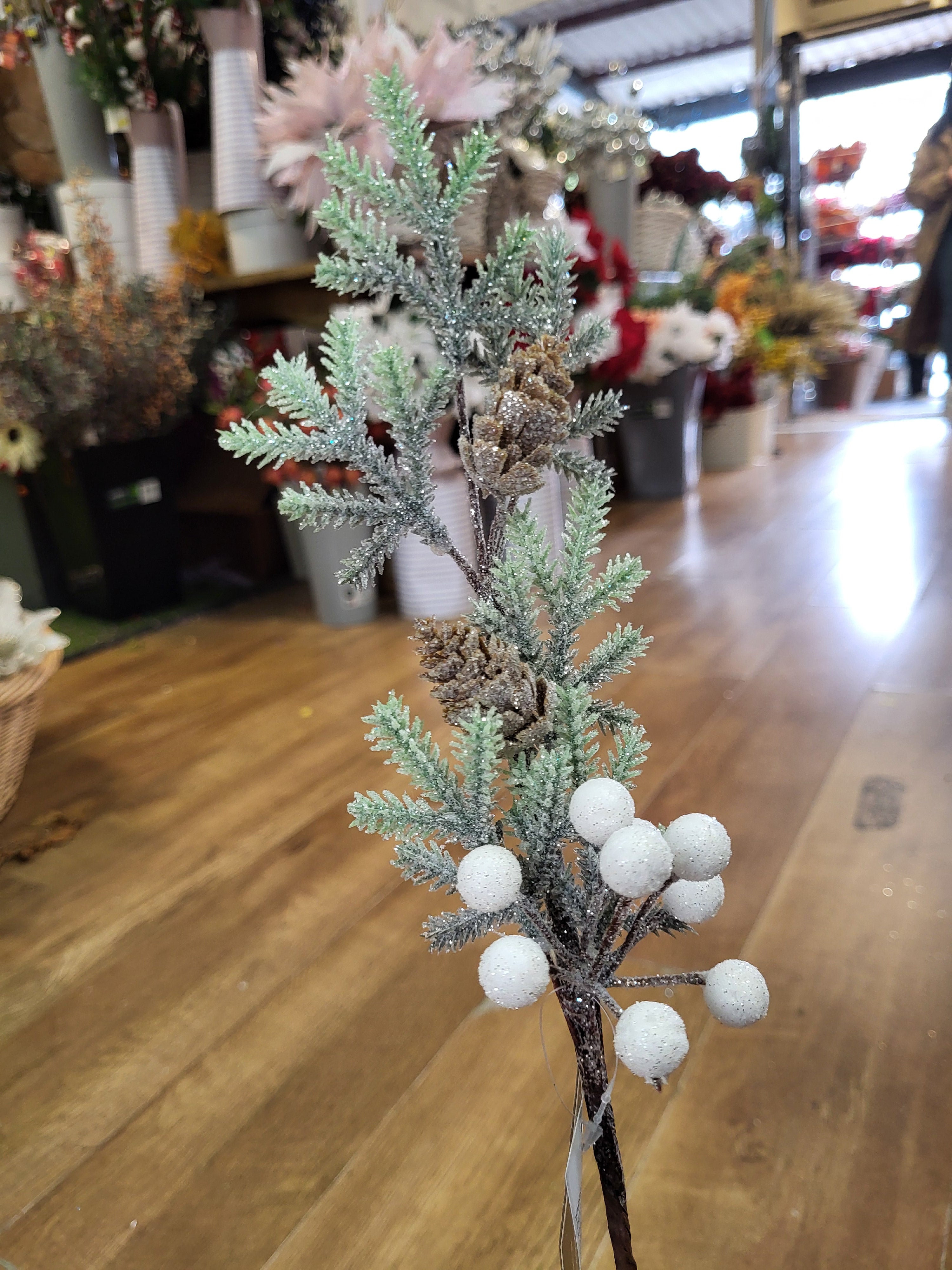 Frosted foliage stem with cones and white berries  image 3