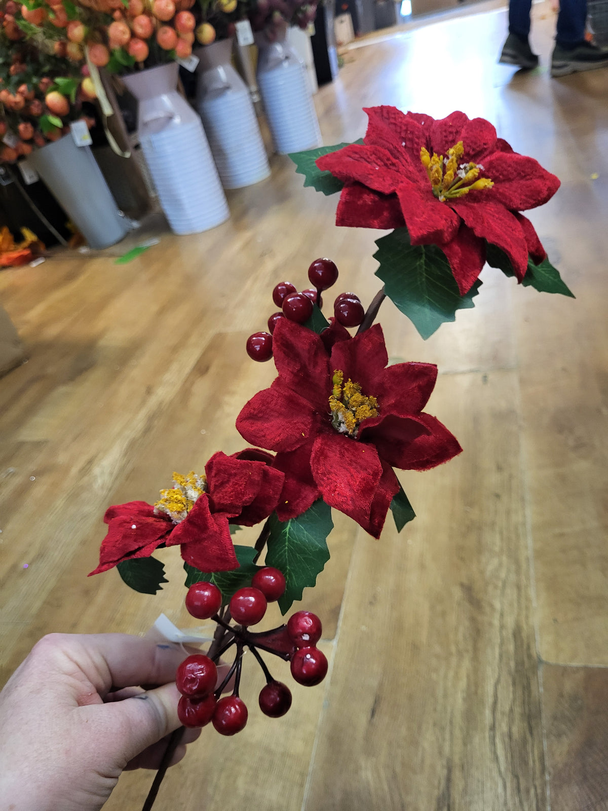 50cm velvet poinsettias, berry and Holly stem - 2 colours available image 4