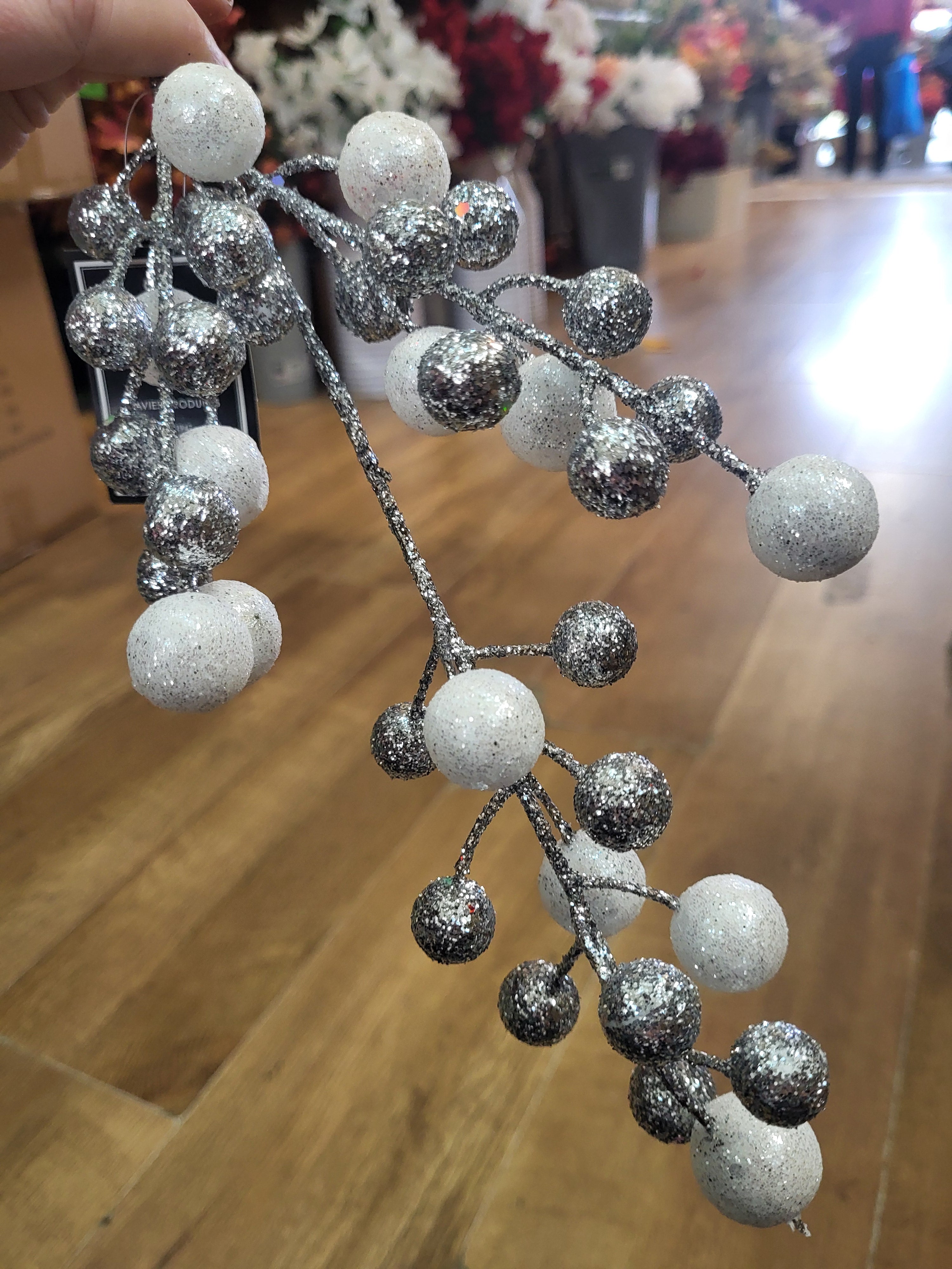 36cm Silver and white glitter ball stem image 2