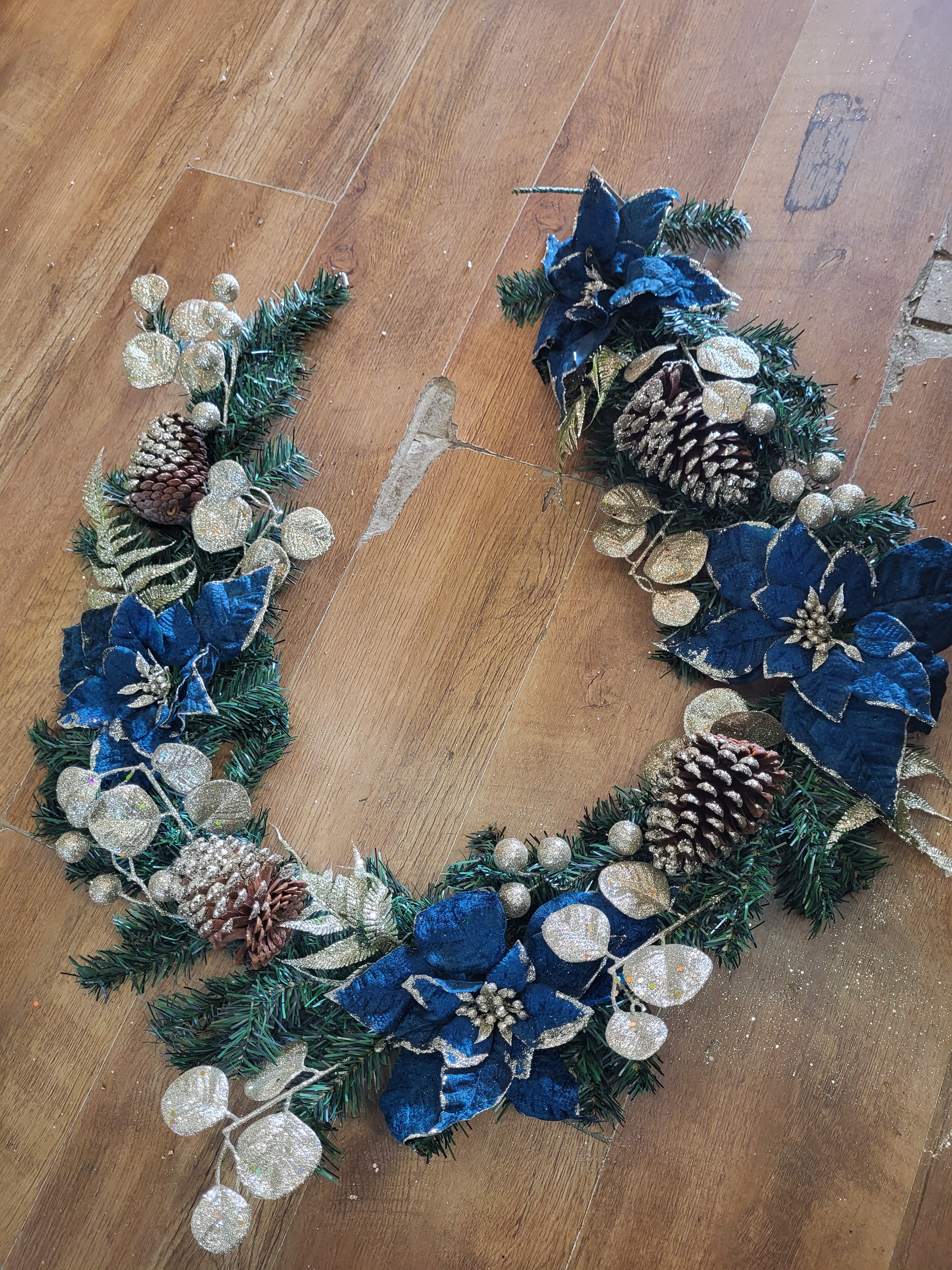6ft Luxury garland - velvet Teal Poinsettia and  champagne gold berries/foliage image 3