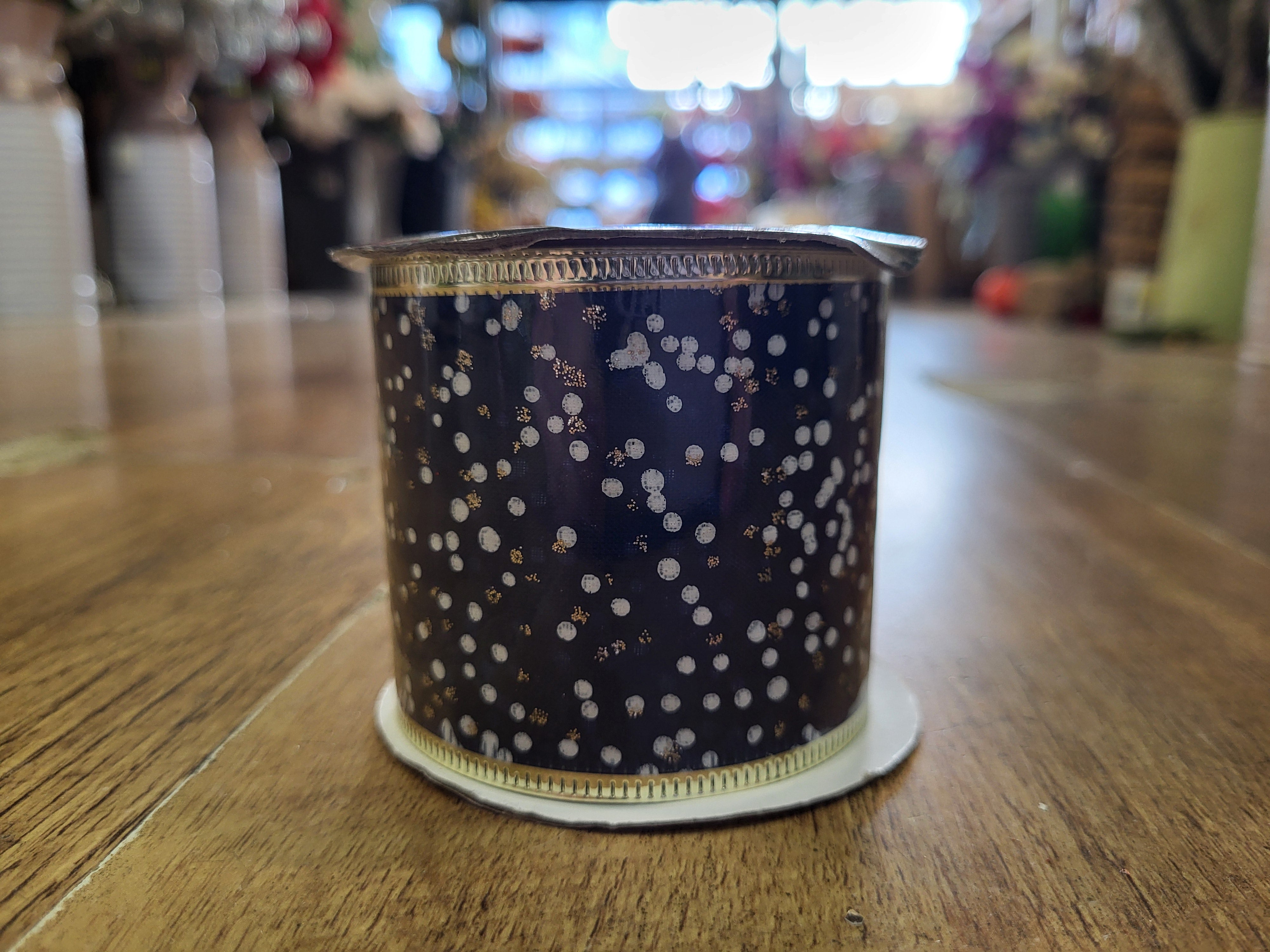 2.7m approx. roll of navy/champagne gold glitter/white spotted wired ribbon image 2