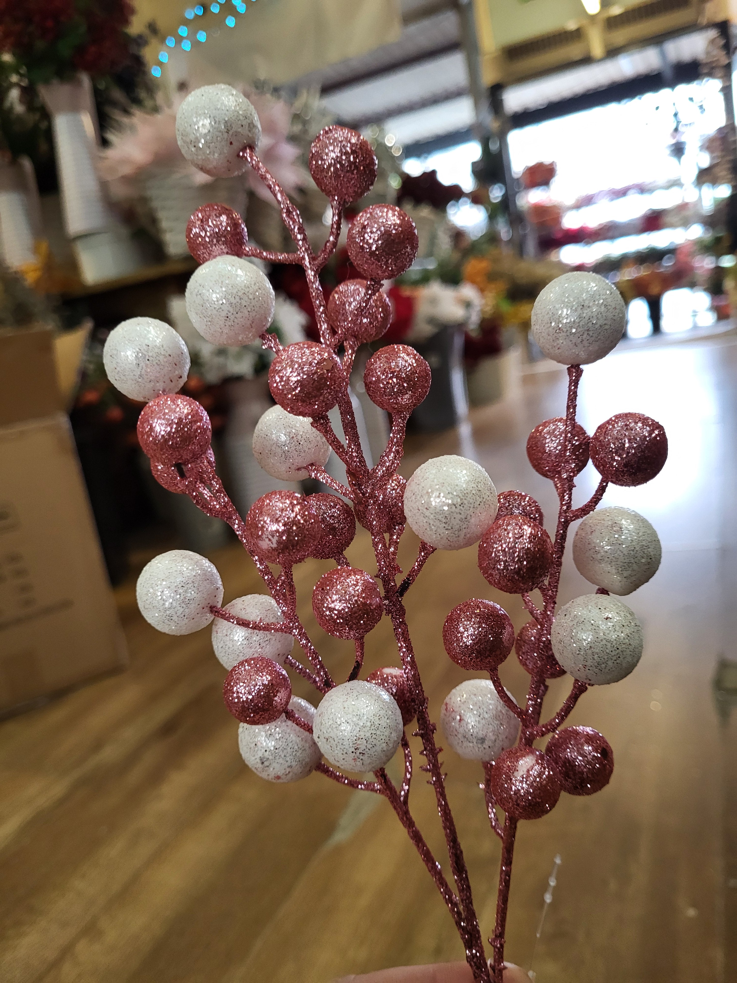 36cm pink and white glitter ball stem image 1