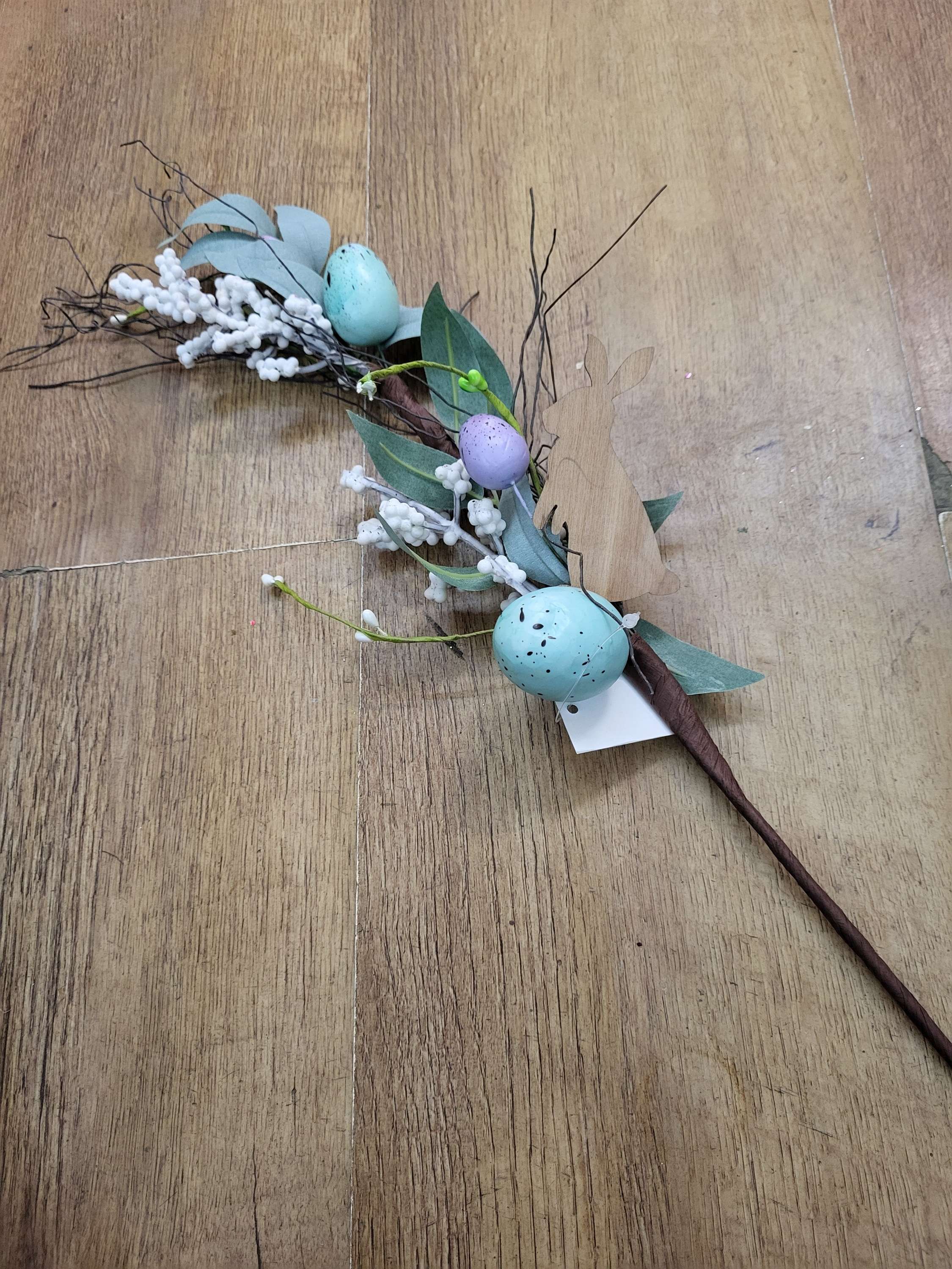 46cm blue and purple speckled egg and wooden bunny Easter stem image 2
