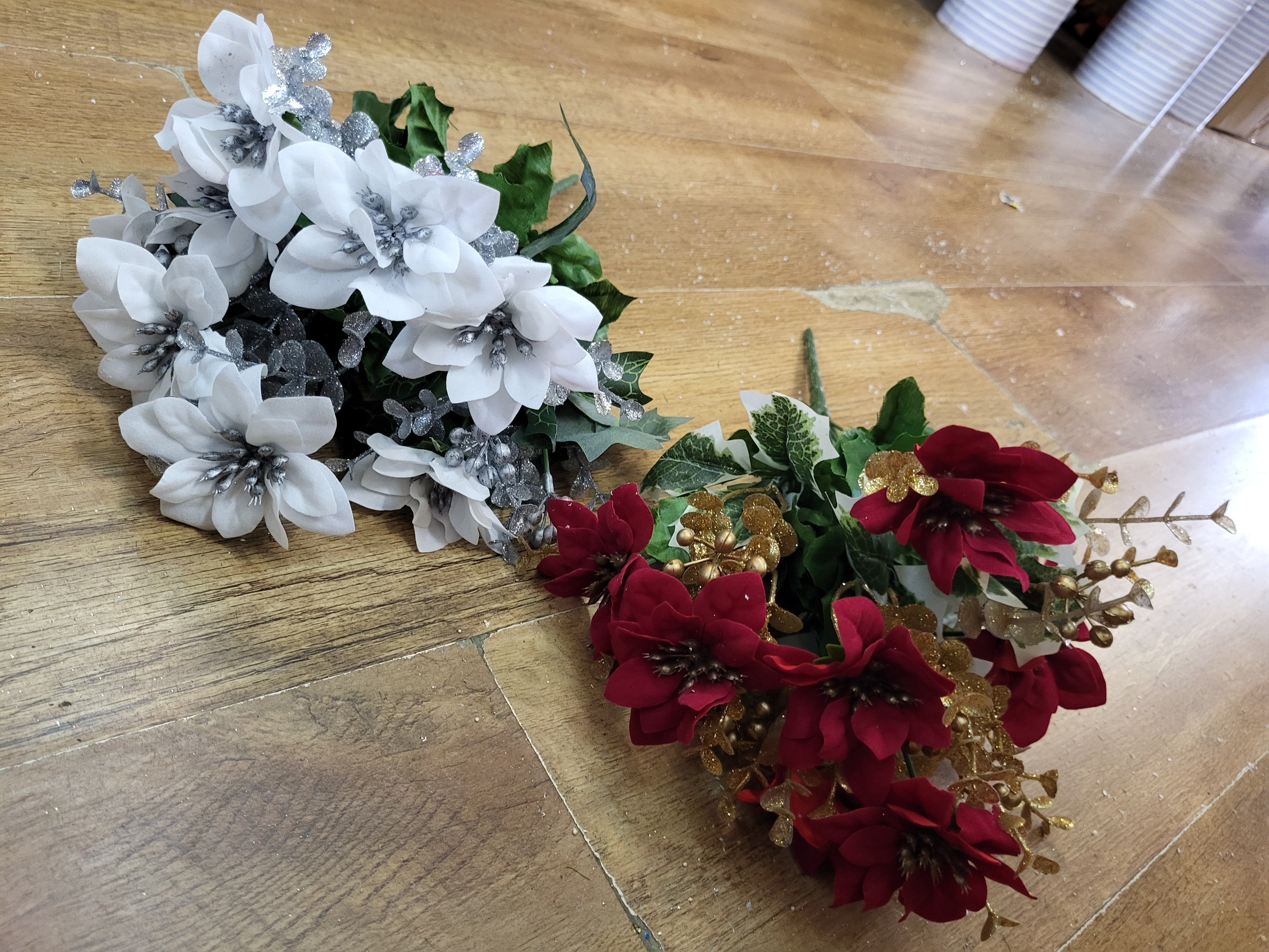 Mini velvet poinsettias and metallic eucalyptus bunch - 2 colours available image 1